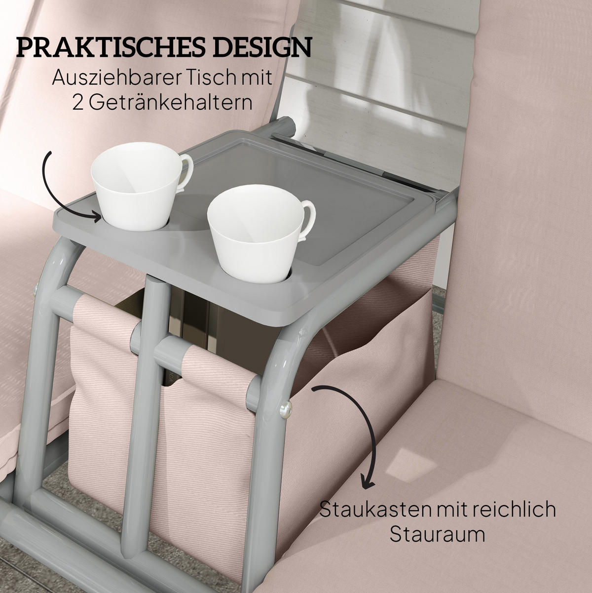 HOLLYWOODSCHAUKEL 175/112/165 cm mit verstellbarem Sonnendach und Becherhaltern, Beige - Beige, Textil (112/165/175cm) - Redom