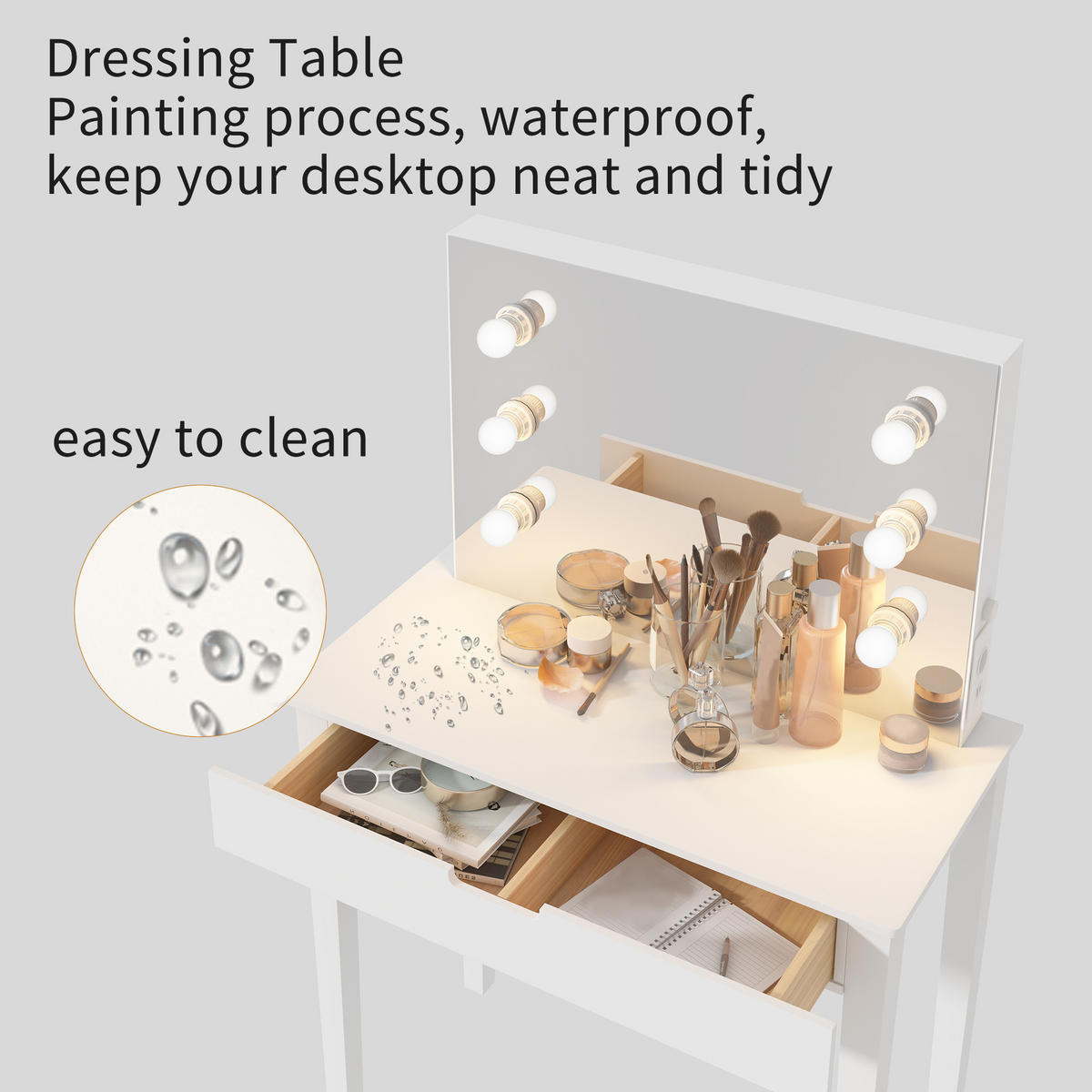 SCHMINKTISCH 100/40/75 cm weiß mit 6 LED-Leuchten höhenverstellbar - Weiß, Holzwerkstoff (125/40/80cm) - OKWISH