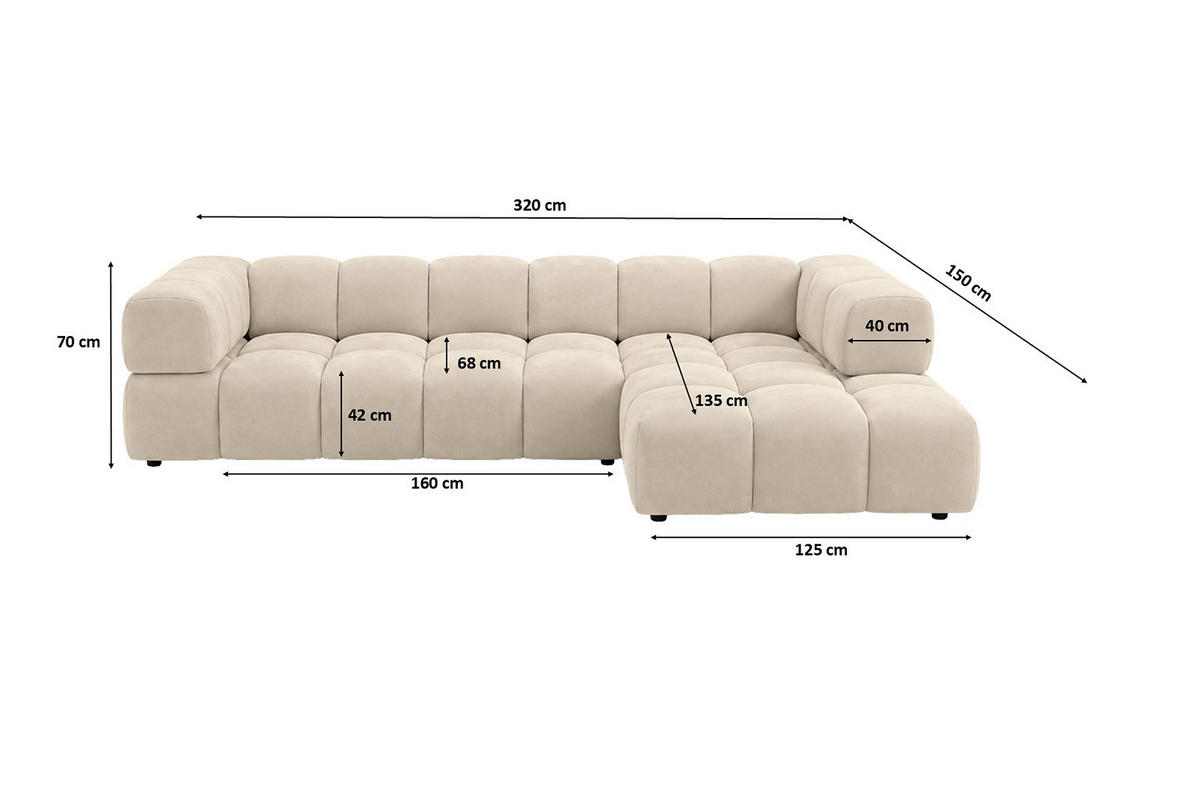 ECKSOFA L-Form, Veloursstoff Bluvel, Creme, Rechts, Averro XL - Creme, Holz (320/150cm) - Kaiser Möbel
