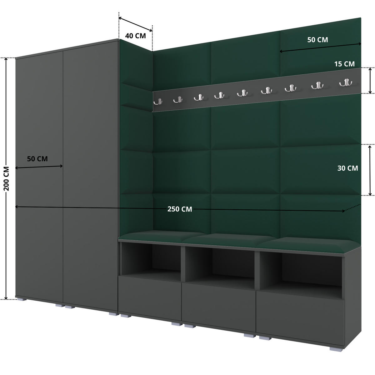 GARDEROBE NELA VII 250 cm (Modulare Flurmöbel XL Graphit mit Sitzpolster Flaschengrün 28 2 Schränke) - Dunkelgrün/Silberfarben, Holz/Holzwerkstoff (250/187/40cm) - Ravio