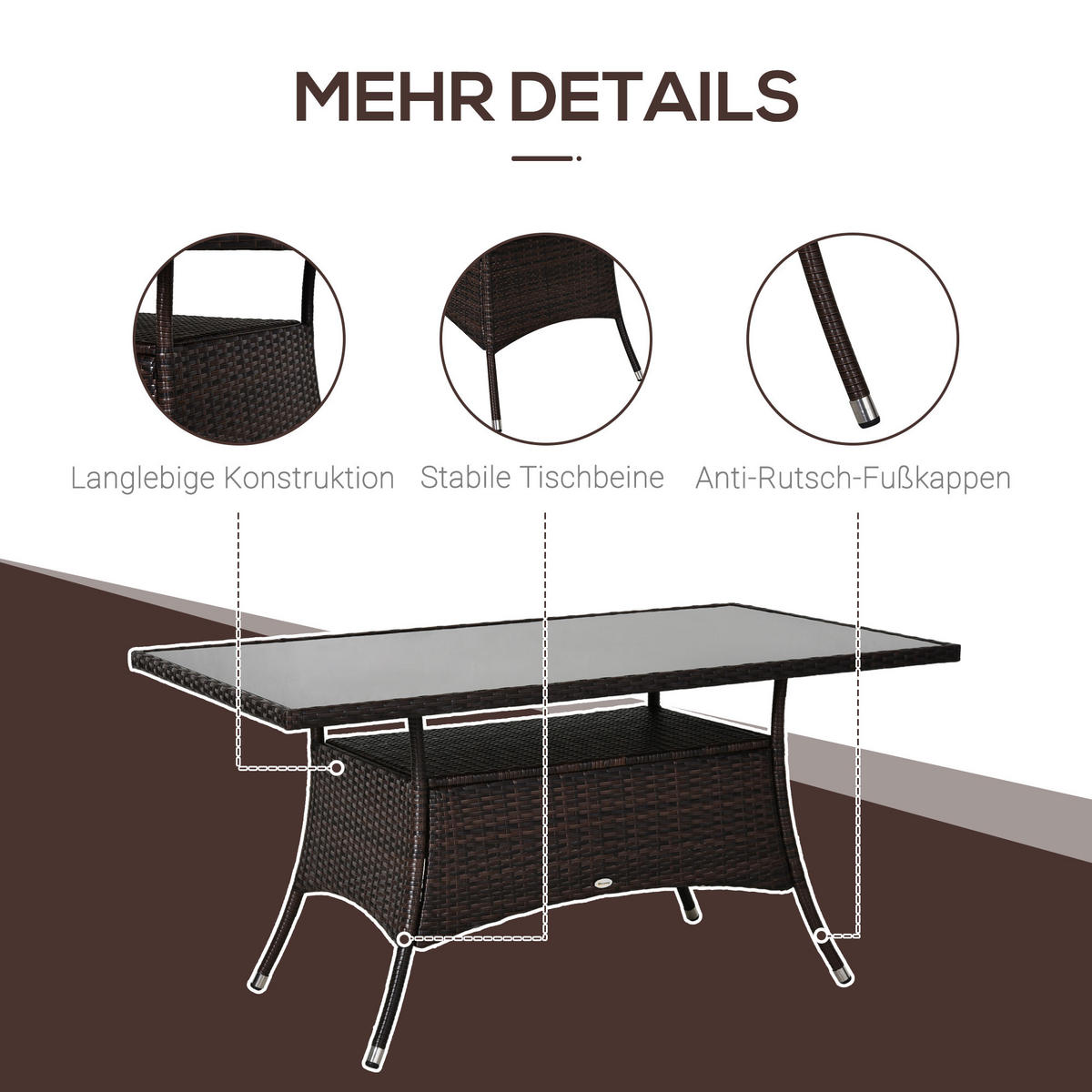 ESSTISCH, Braun + Schwarz, Metall, Sicherheitsglas, Polyrattan - Braun, Kunststoff (150/85/74cm) - Outsunny