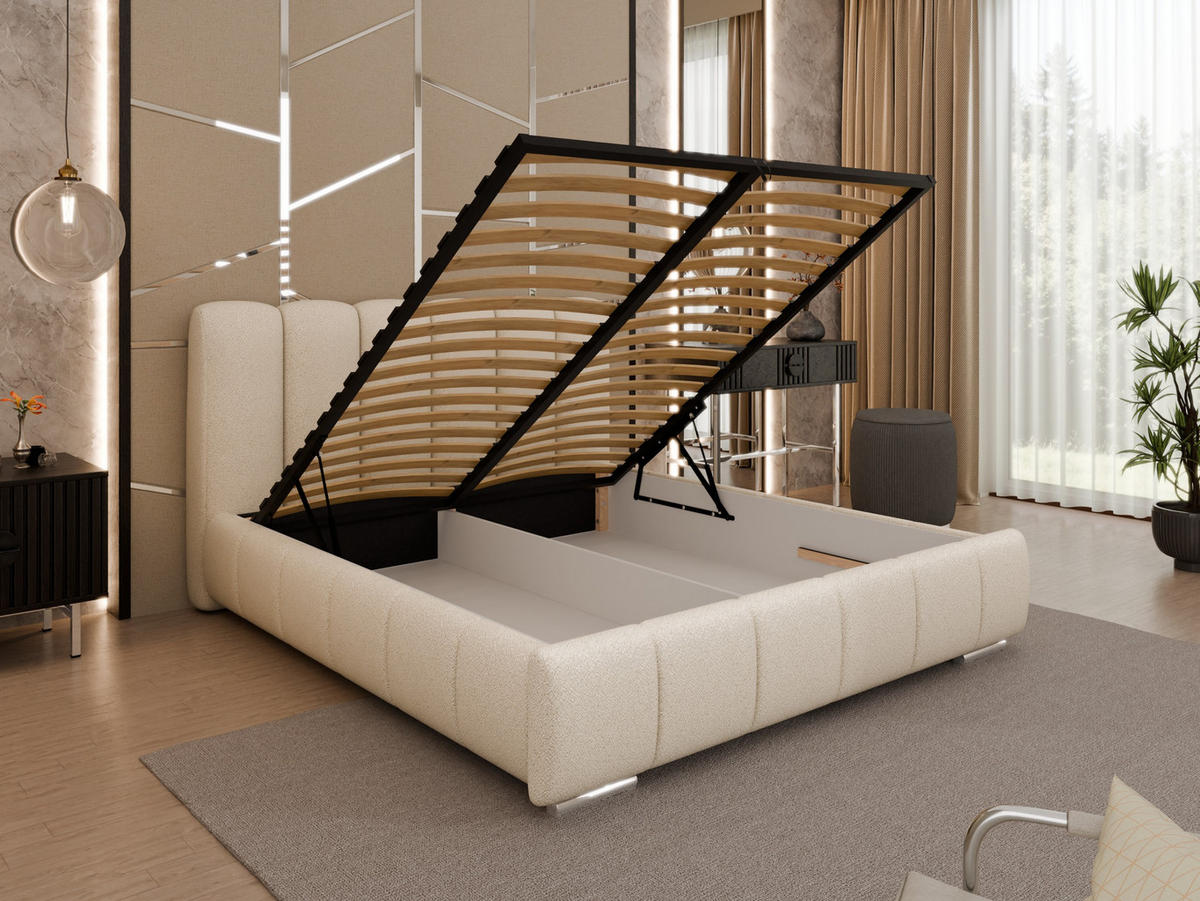 POLSTERBETT ZAIRA 160 x 200 cm mit Bettkasten und Lattenrost, 7-Zonen-Taschenfederkernmatratze CIRA (24 cm) – Beige - Beige, Holz (140/206cm) - Panda Möbel