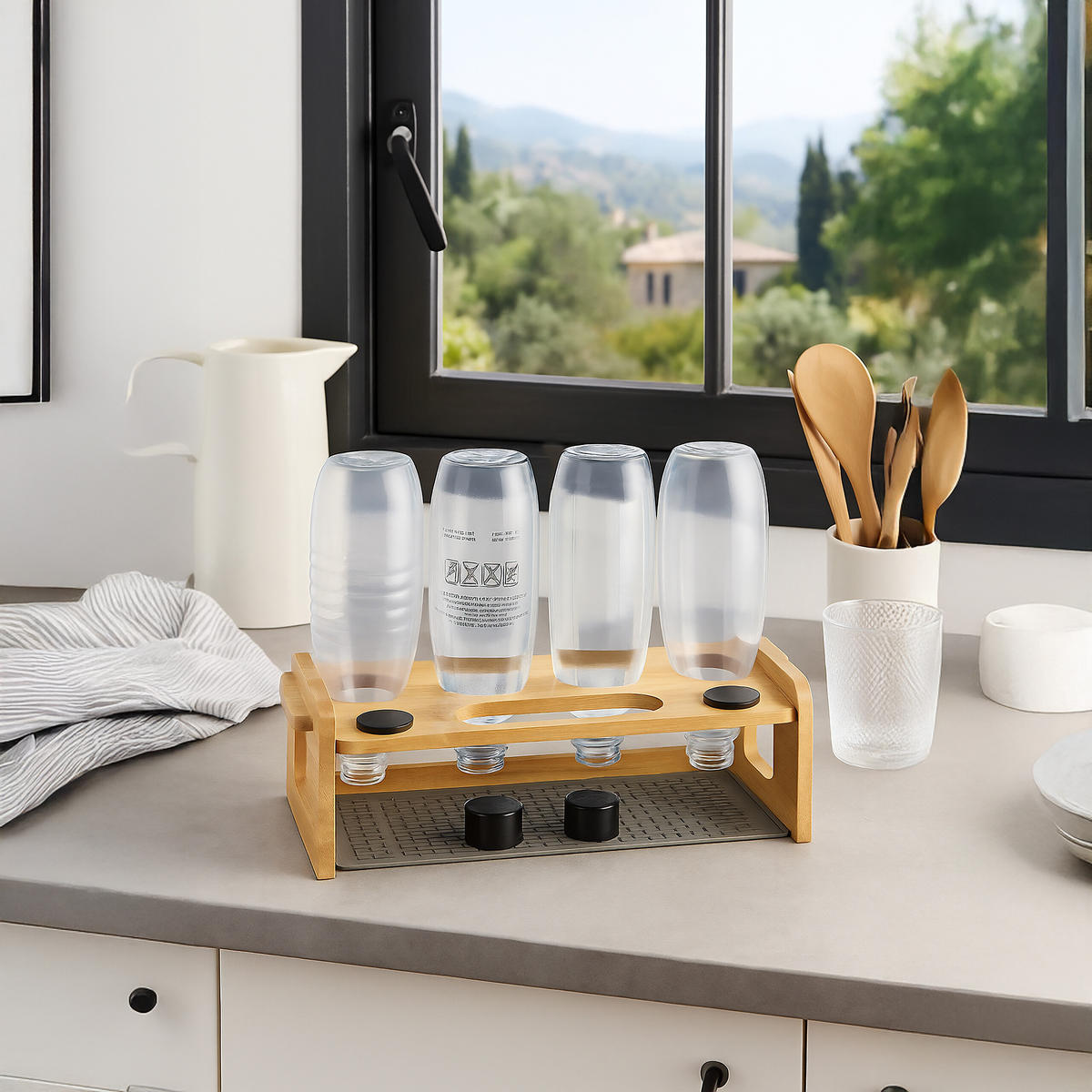 DRŽALO za steklenice - svetlo rjava, umetna masa/les (43/14/14.5cm) - Relaxdays