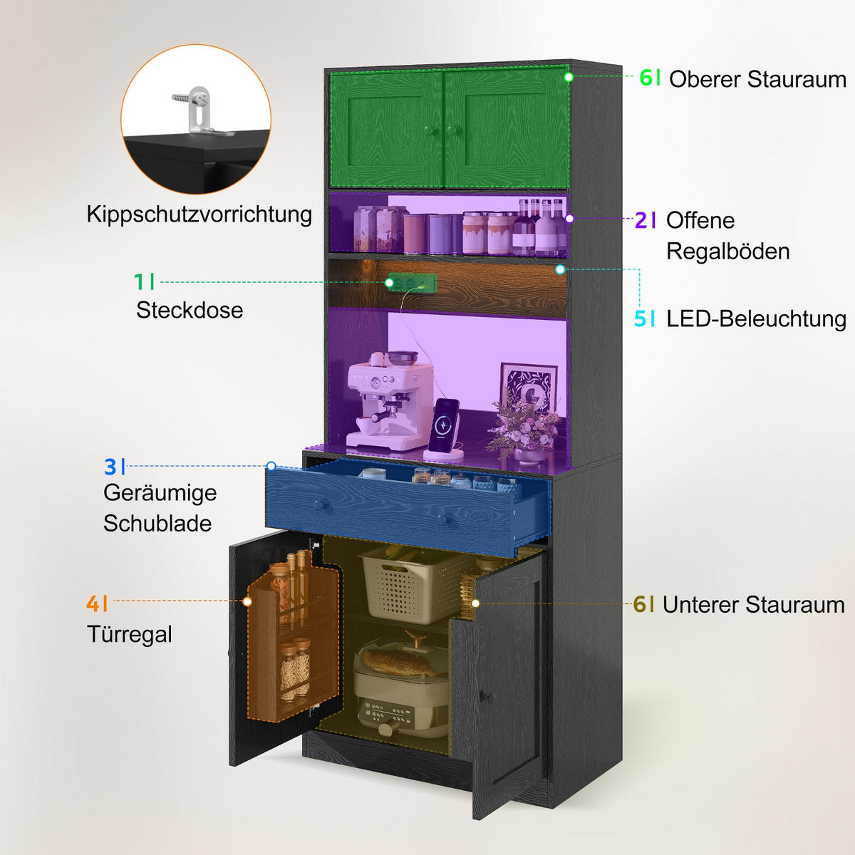 KÜCHENSCHRANK 72/180/40 cm MDF Schwarz MIT STECKDOSE UND LED-BELEUCHTUNG für Küche und Esszimmer - Schwarz, Holzwerkstoff (40/180/72cm) - Rolipo