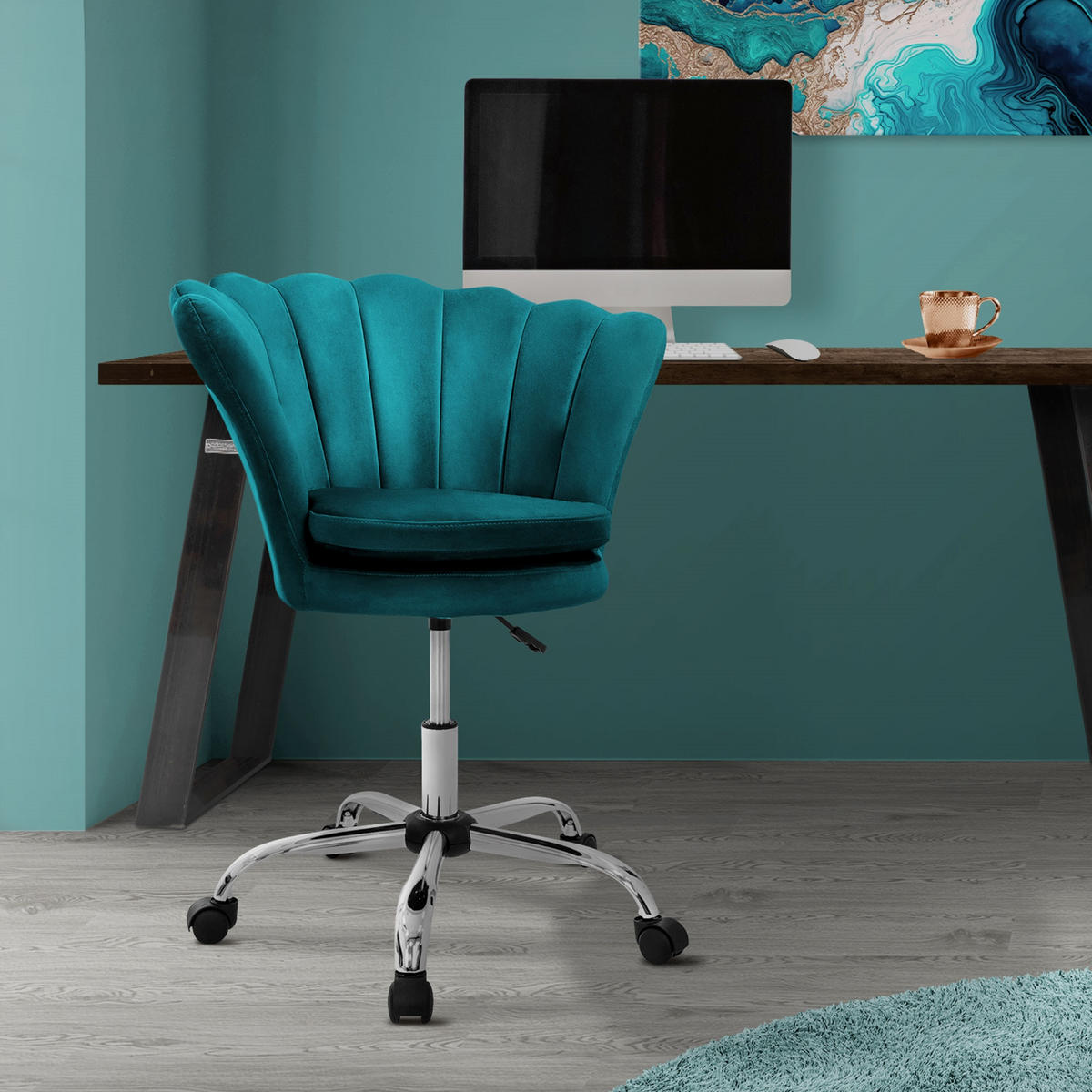 BÜROSTUHL Samt Petrol - Türkis, Metall (68/90/68cm) - ML-DESIGN