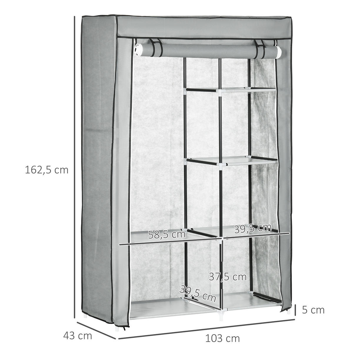 OMARA za oblačila 103/43/162,5 cm s palico za obešanje in 6 policami, stabilna in zložljiva, Siva - siva, tekstil (103/162.5/43cm) - Redom
