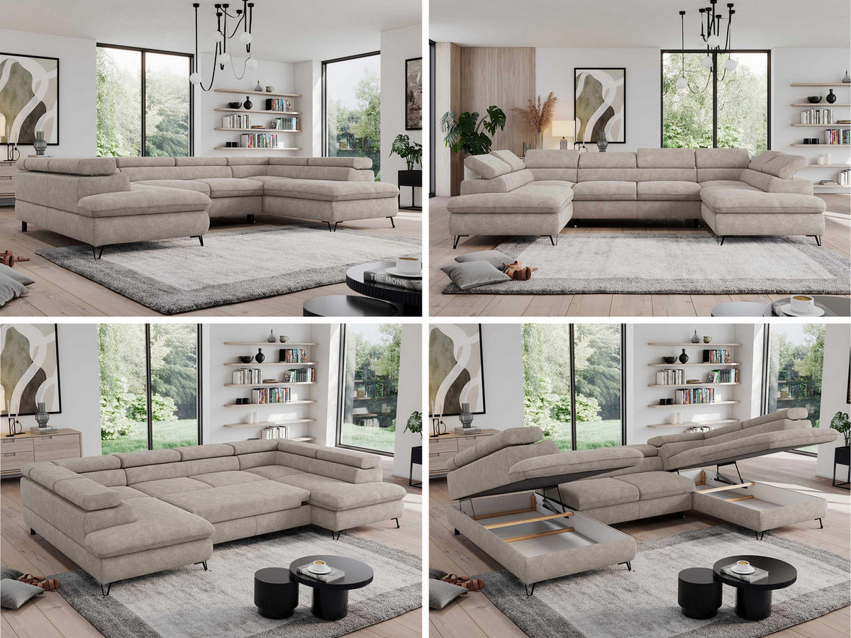 WOHNLANDSCHAFT PEDRO U Struktur Beige - Beige/Schwarz, Textil/Metall (346/76/208cm) - MKS