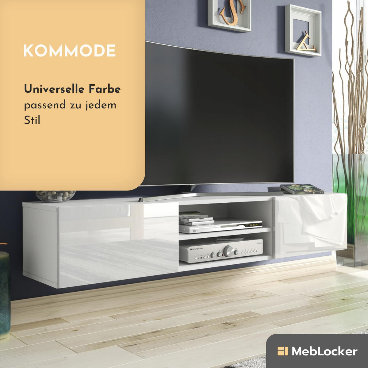 TV Schrank Weiß mit HochglanzFronte 120 x 30 x 35cm Wohnzimmer Möbel - Weiß Hochglanz, Holzwerkstoff (120/30/35cm) - MebLocker