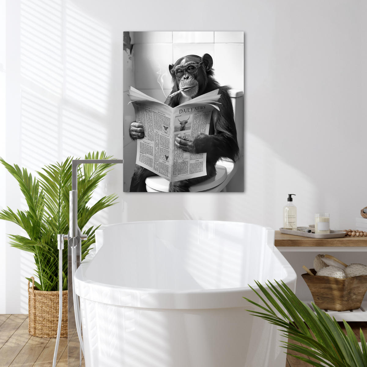LEINWANDBILD Affe - WC - Zeitung - Schwarz-Weiß - Humor 50x70 cm - Hellgrau, Textil (50/70cm) - MuchoWow