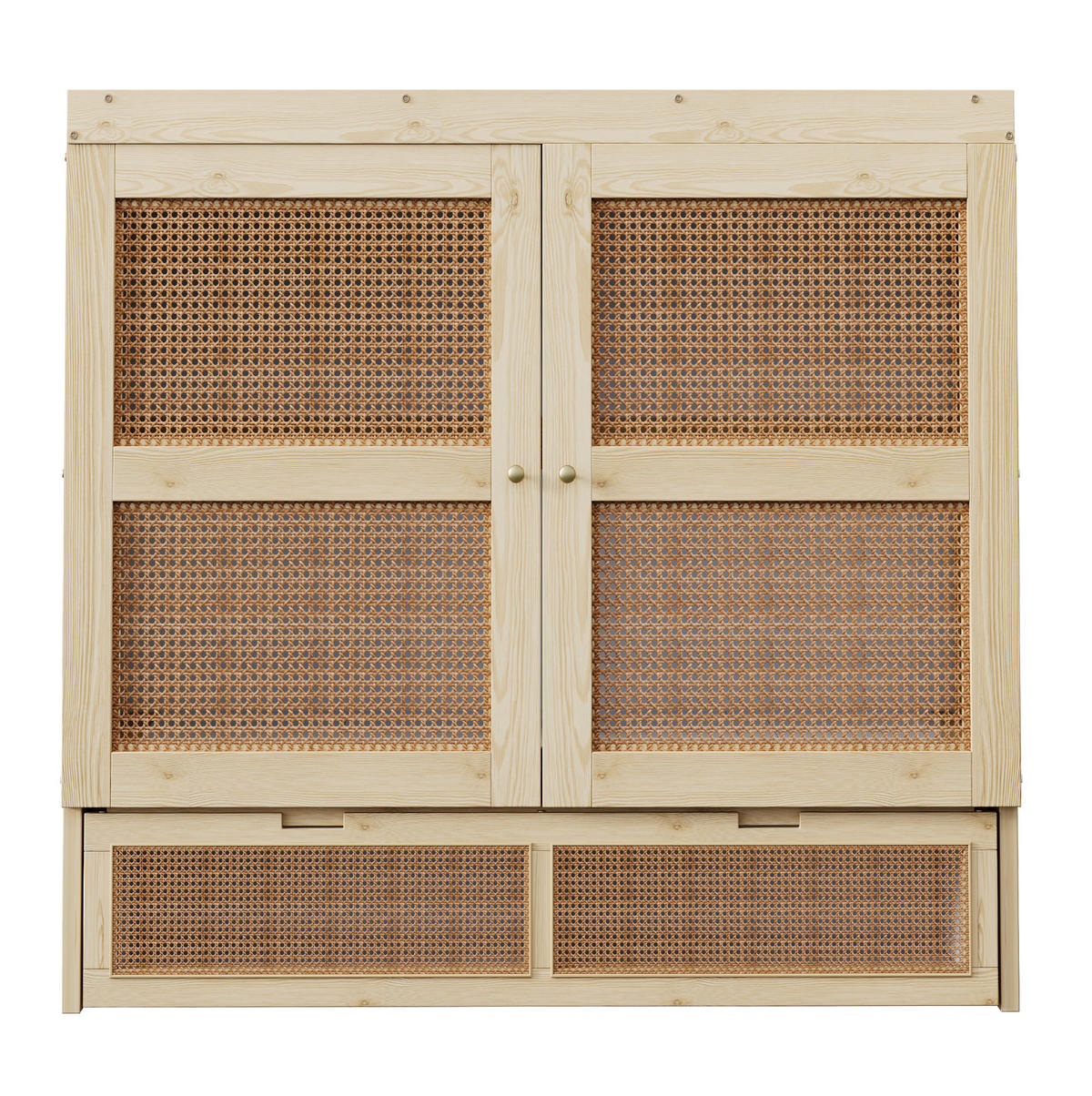 SCHRANKBETT aus Holz 140x200 cm Naturfarbe mit Lattenrost, Stauraumschubladen und Rattan-Design - Naturfarben, Holzwerkstoff (140/200cm) - Modfu
