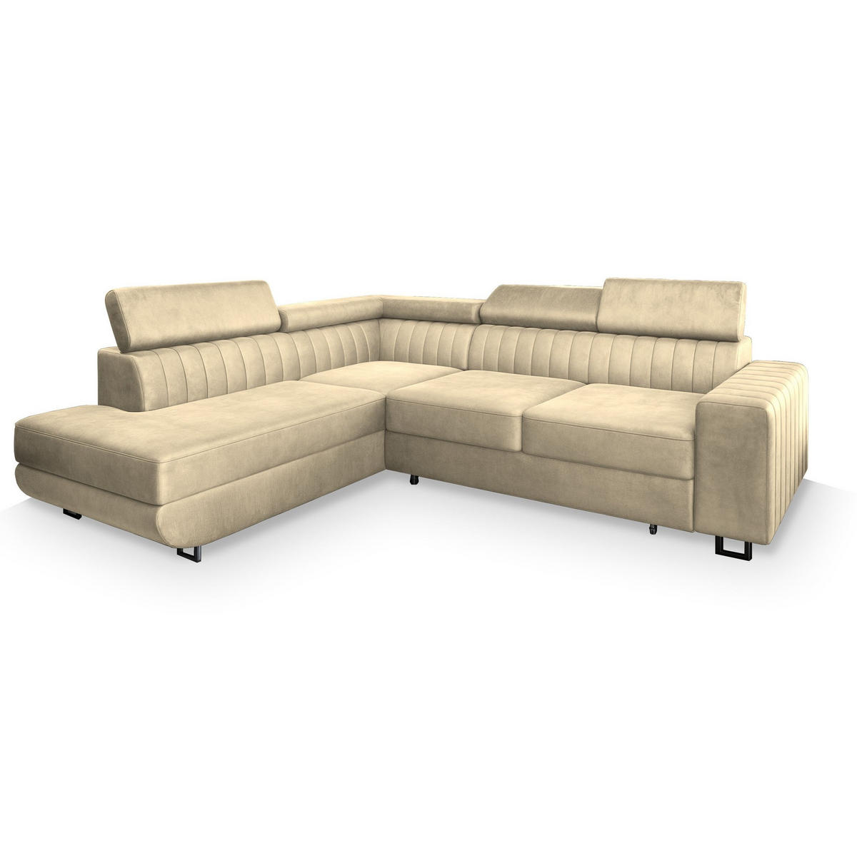 ECKSOFA NOLA L-S Creme Velours-Stoff mit Schlaffunktion - Creme, Holz (253/190cm) - MASSENO