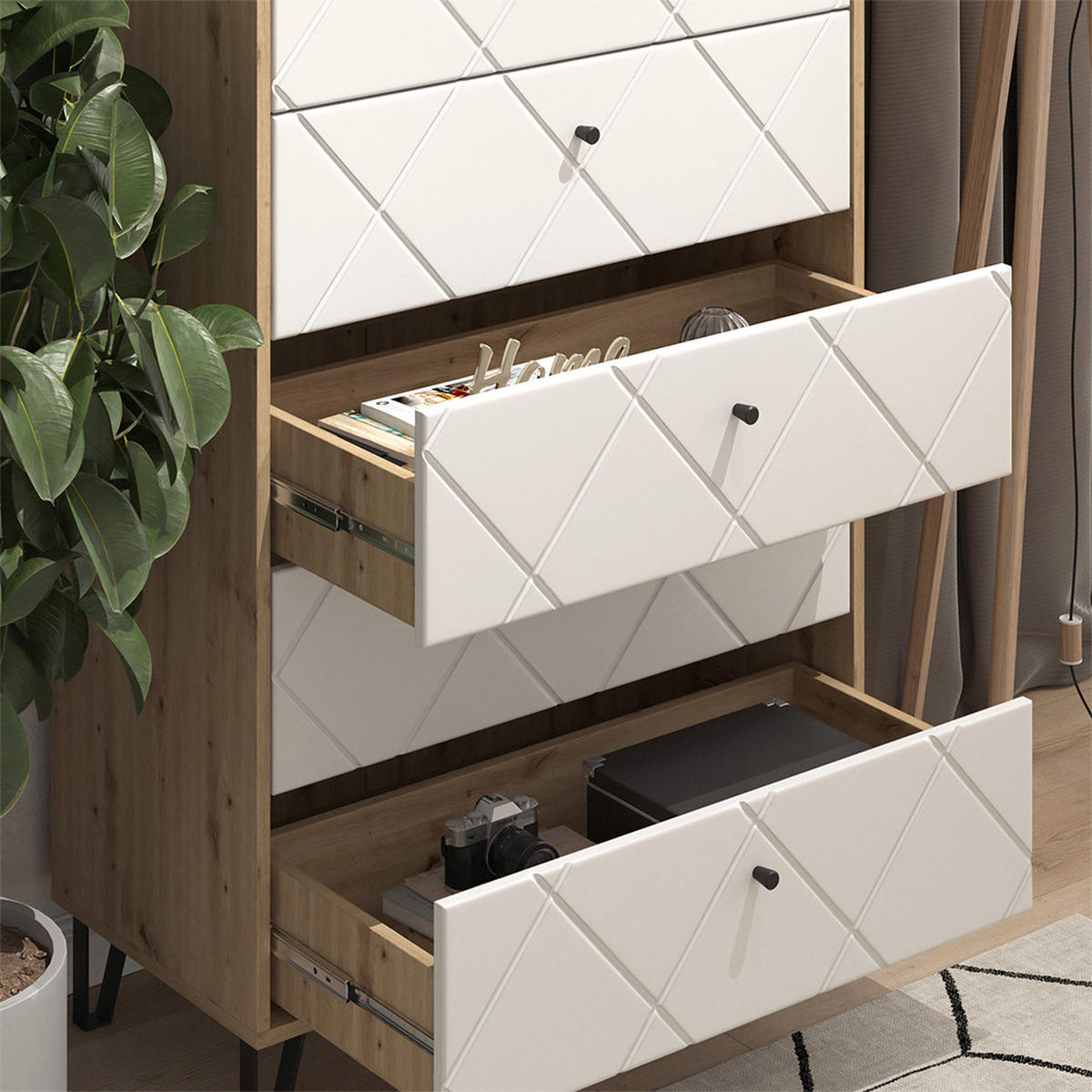 KOMMODE Nizza Artisan/Weiß 80.2 x 127.4 cm mit 5 Schubladen - Eiche Artisan/Weiß, Holzwerkstoff (80.2/127.4/40.1cm) - Vicco