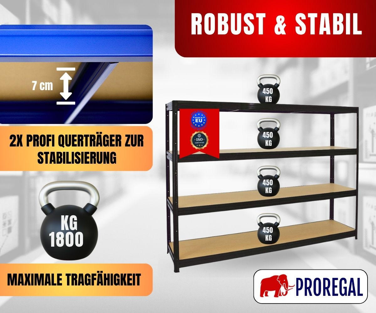 SCHWERLASTREGAL Dino 180x240x60 cm Fachlast 450kg Schwarz - Schwarz, Metall (240/180/60cm) - PROREGAL