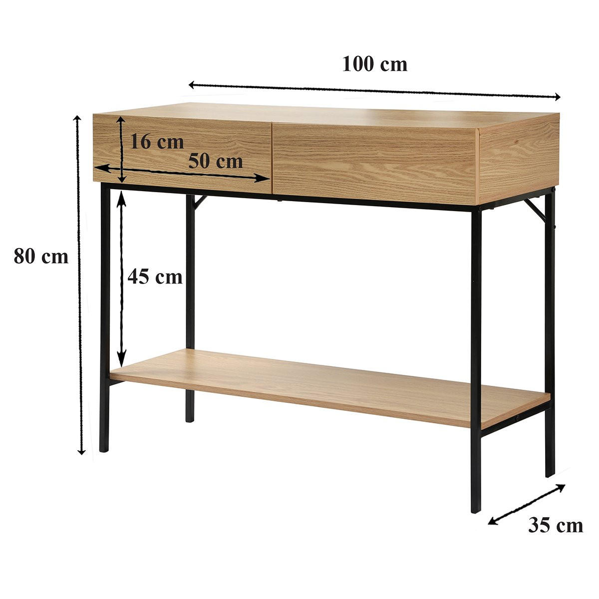 KONSOLE mit 2 Schubladen und 1 Regalboden in Eichenoptik - L100cm - Apfelbaumfarben, Holzwerkstoff (100/35/81cm) - Calicosy