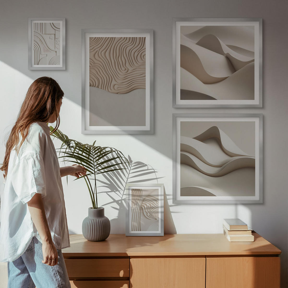 WANDBILDER 5er Set - 50x50 cm & 20x30 cm & 40x60 cm Silberner Rahmen - Abstrakte Wellen auf dem Sand - Silberfarben, Kunststoff (40/60cm) - ArtPrintCave