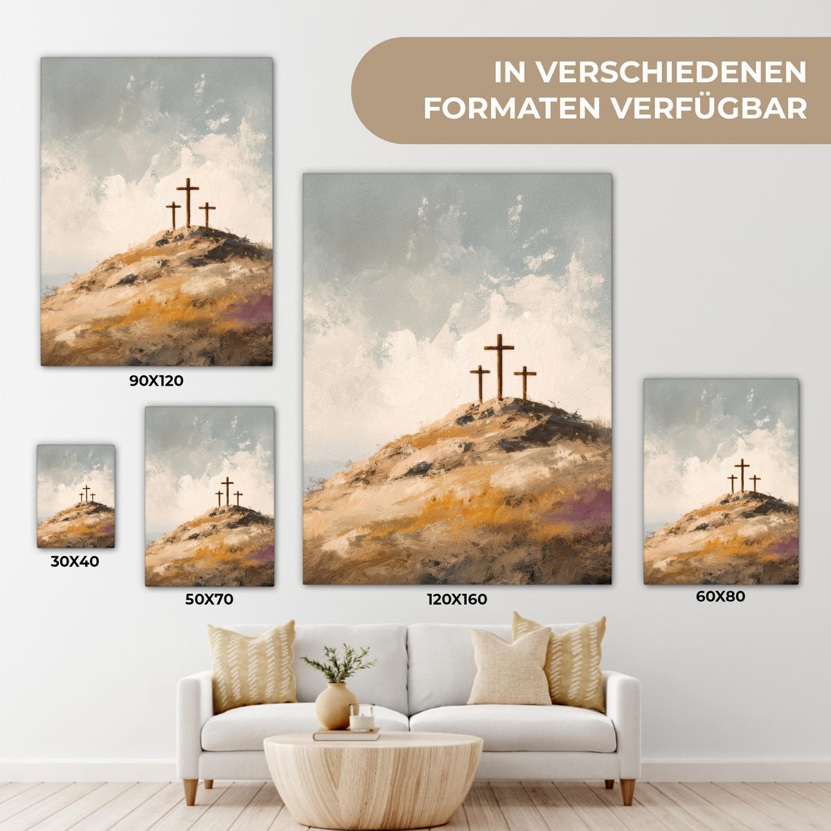 LEINWANDBILD Hügel - Abstrakt - Christentum - Kreuz Wandbild Wohnzimmer 60x80 cm - Hellgrau, Textil (60/80cm) - MuchoWow