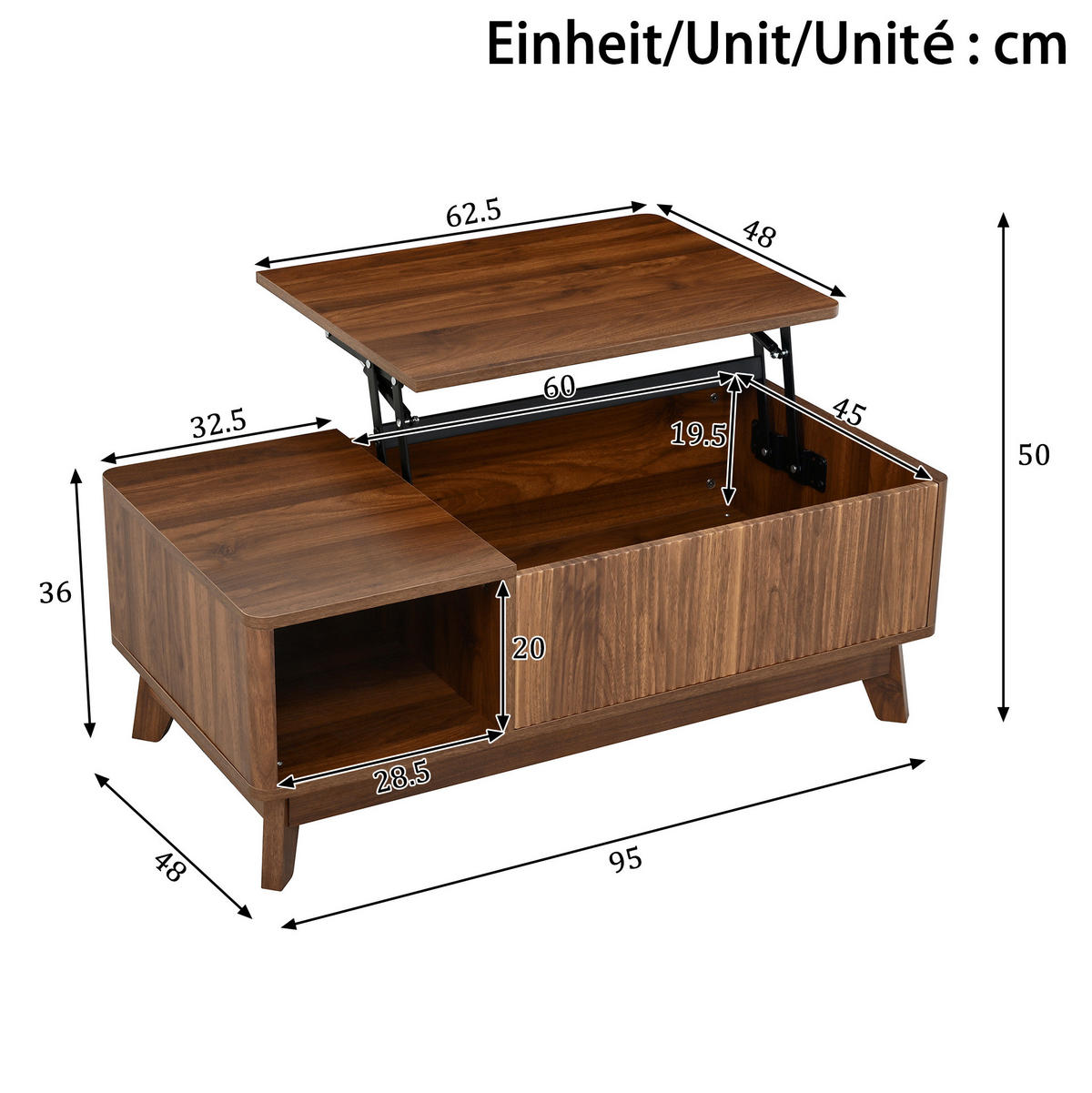 COUCHTISCH aus MDF 95x48x50 cm in Walnutfarben mit Hubfunktion & Stauraum - Walnussfarben, Holzwerkstoff (95/48/50cm) - Modfu