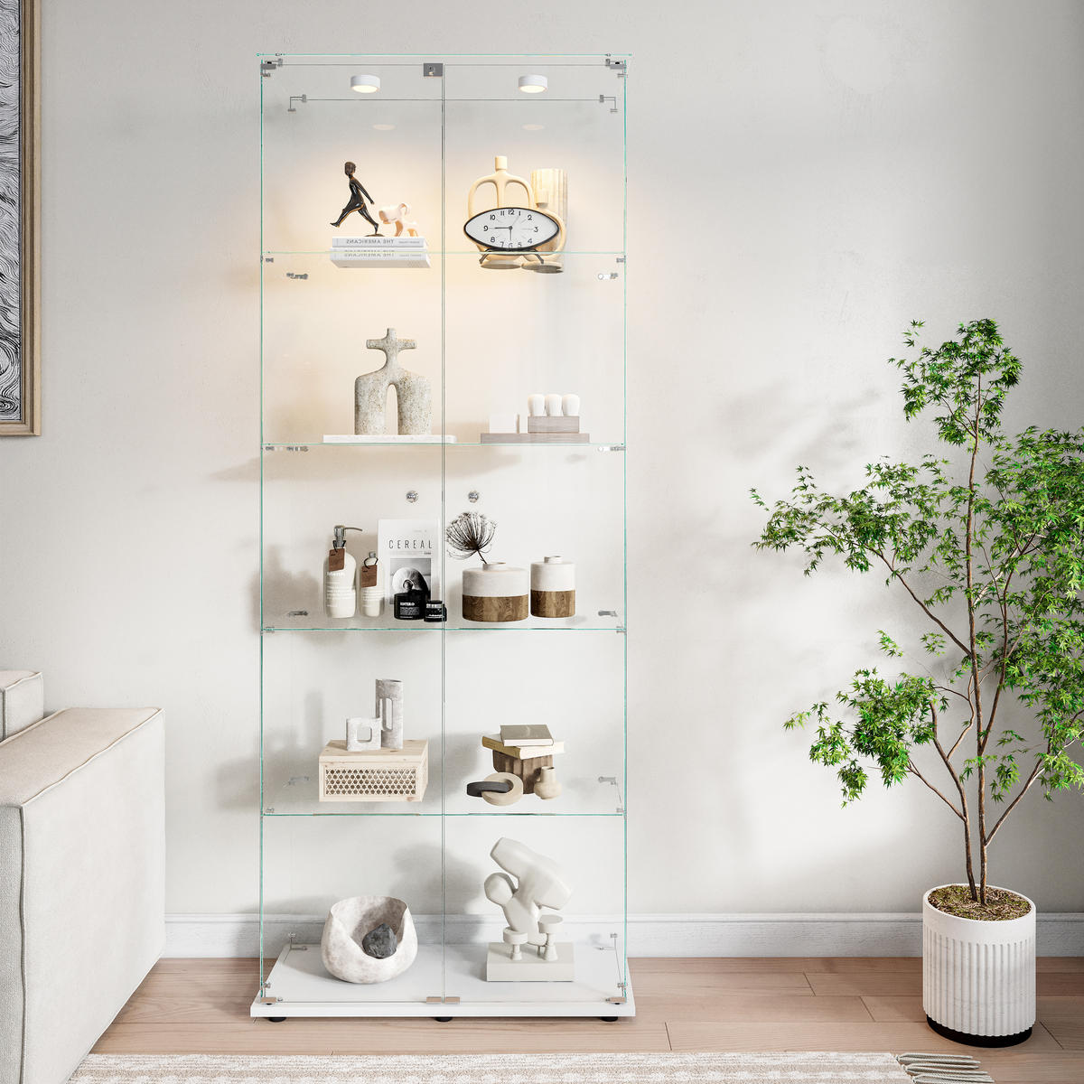 GLASVITRINE 187x77x35 cm 2 Türen LED Touch freistehend weiß - Weiß, Holz (78.5/186.5/34.5cm) - LEBENLANG