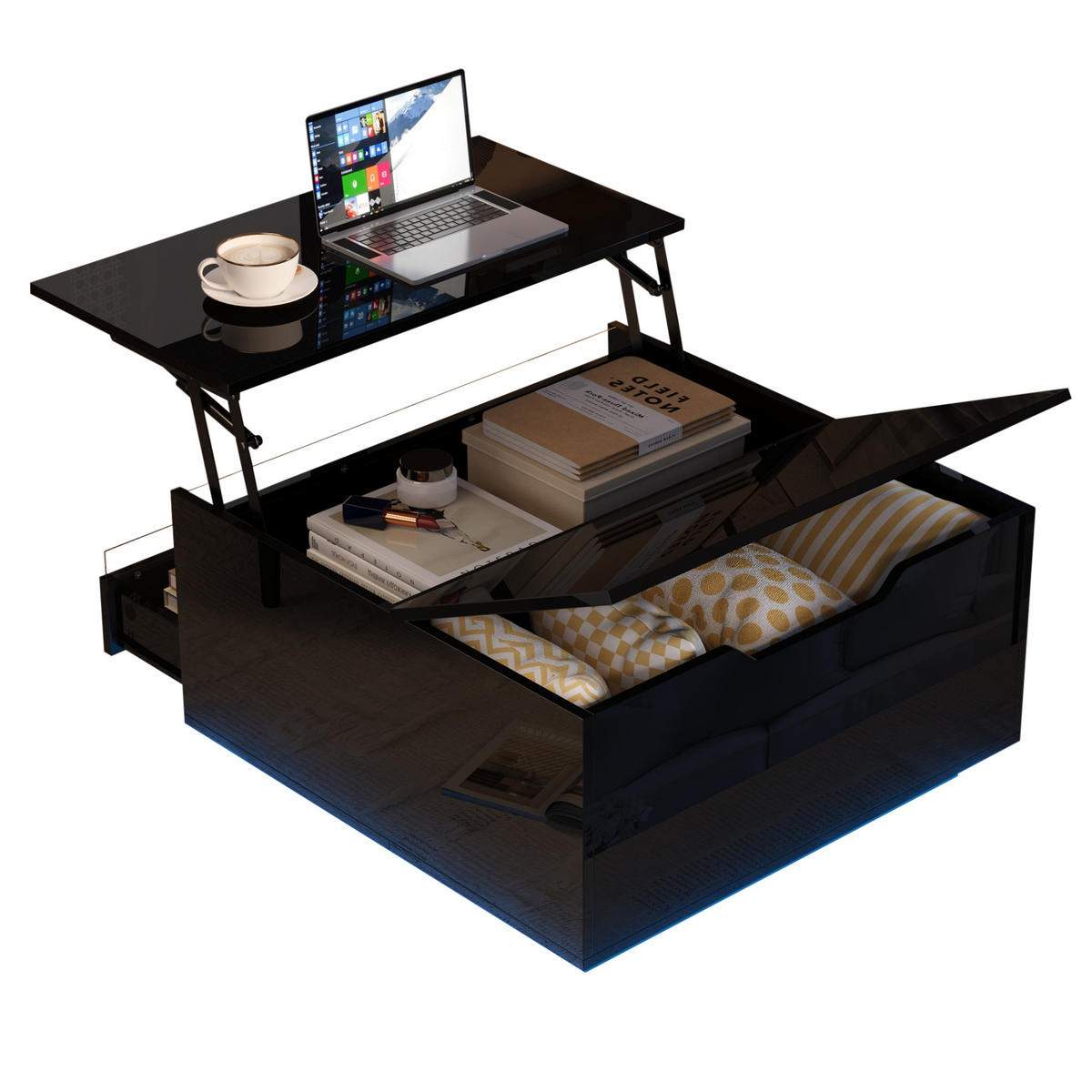 COUCHTISCH 70/70/38 cm in Schwarz mit LED-Beleuchtung und Stauraum - Schwarz, Holzwerkstoff (70/70/38cm) - Flora Grace