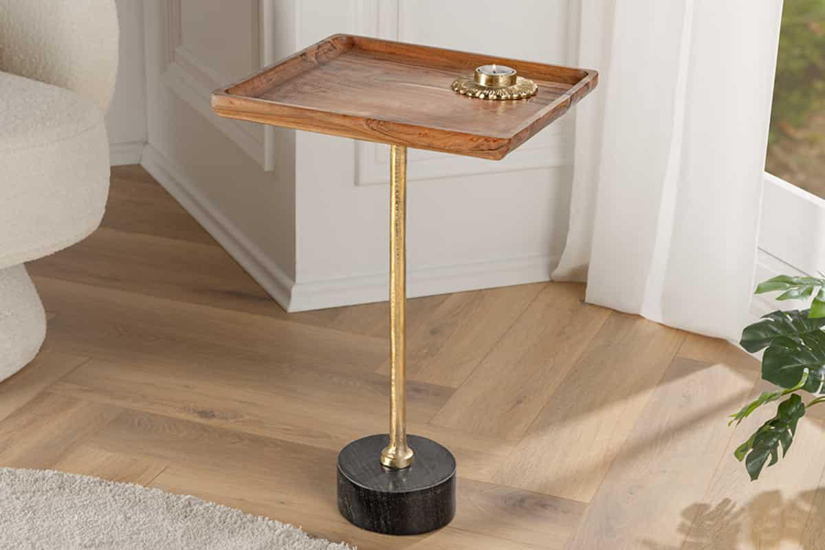 BEISTELLTISCH TRAYFUL Akazie Natur 55cm - Goldfarben/Schwarz, Holz/Stein (35/35/55cm) - riess-ambiente