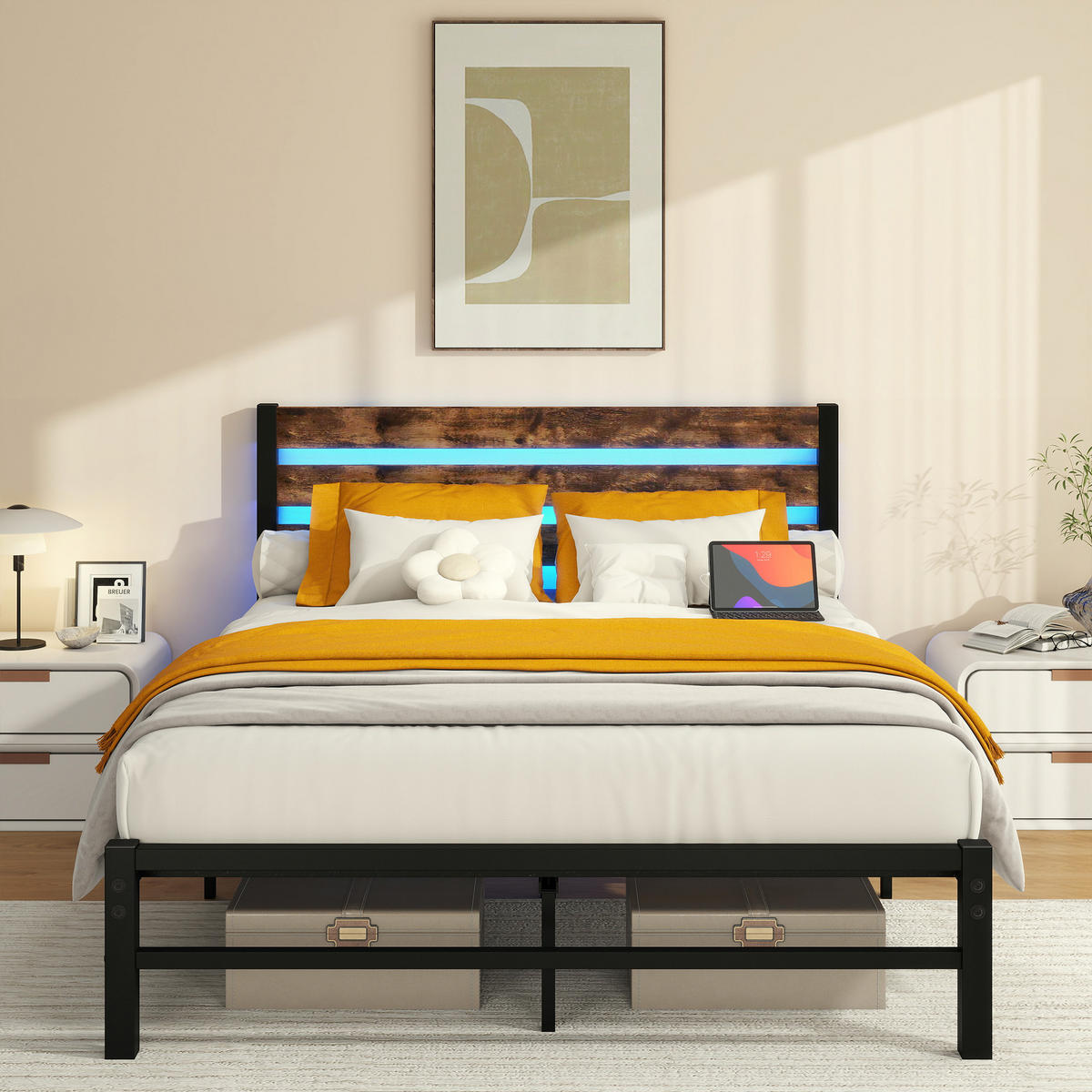 METALLBETT 140/200 cm Braun mit USB-Ladestation und LED-Bettrahmen - Braun, Metall (140/200cm) - Oxeza