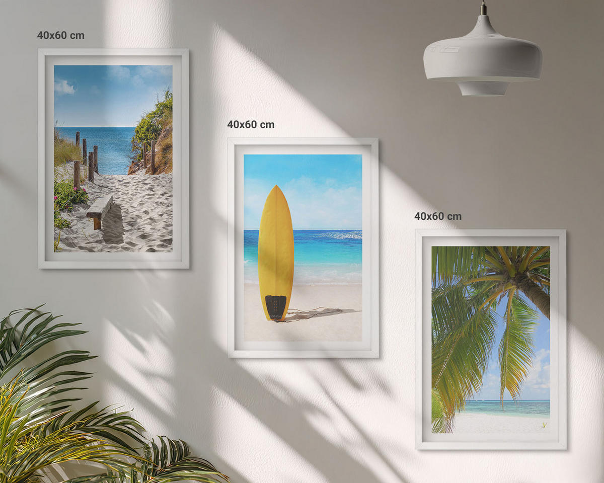 WANDBILDER 3er-Set - 40x60 cm Weißer Rahmen - Urlaubsstrände, Wellen, Palmen - Weiß, Kunststoff (40/60cm) - ArtPrintCave