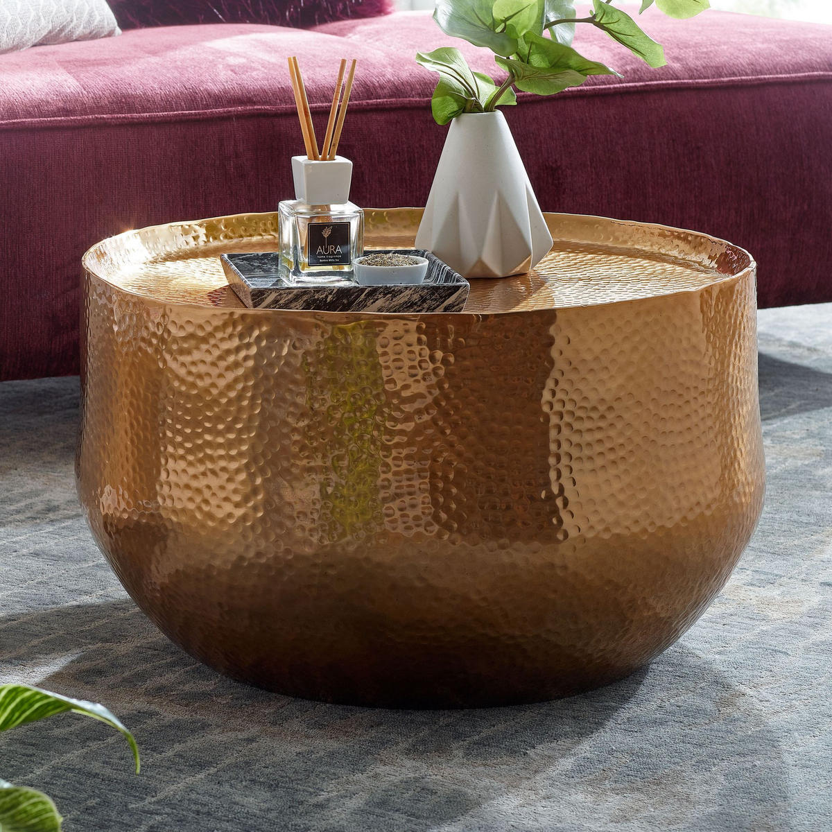 COUCHTISCH Orientalisch mit Hammerschlag-Struktur aus Aluminium und hohler Bauweise, Gold 60x60x35 cm - Goldfarben, Metall (60/60/35cm) - KADIMA DESIGN
