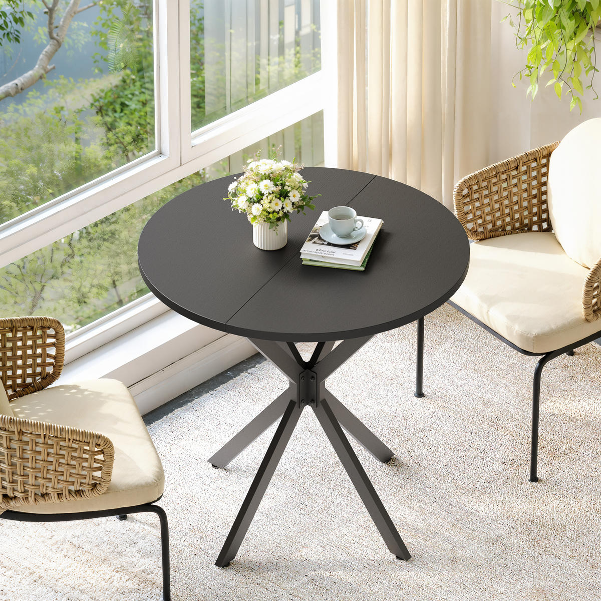COUCHTISCH Runder Esstisch 80x80x75cm Schwarz-Küchentisch mit X-Beinen aus Stahl - Schwarz, Metall (80/80/75cm) - Raelunyi