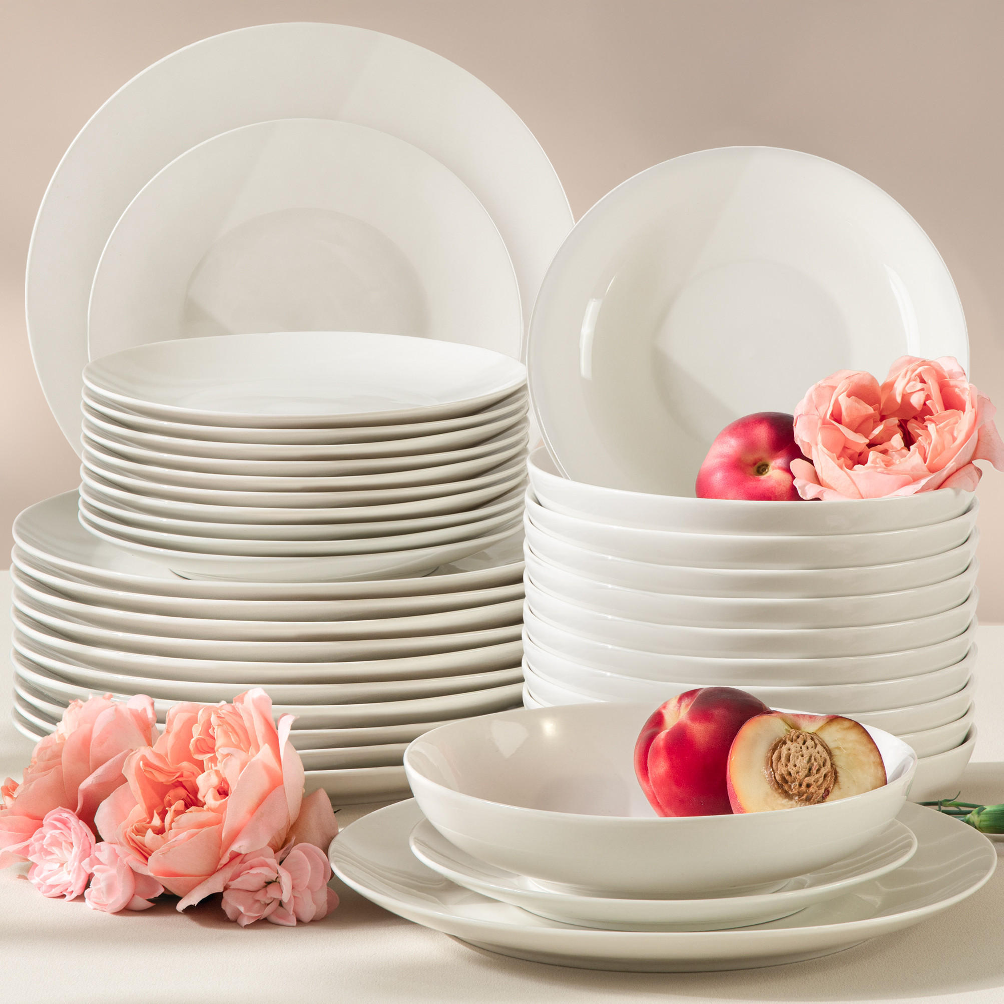 TAFELSERVICE 12 Personen AD BELLA 36-tlg,Porzellan, ecru - Ecru, Keramik (26/2/26cm) - KONSIMO®