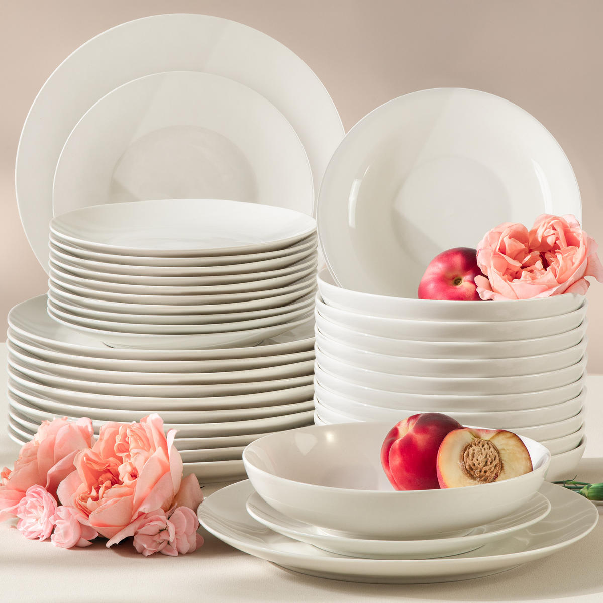 TAFELSERVICE 12 Personen AD BELLA 36-tlg,Porzellan, ecru - Ecru, Keramik (26/2/26cm) - KONSIMO®