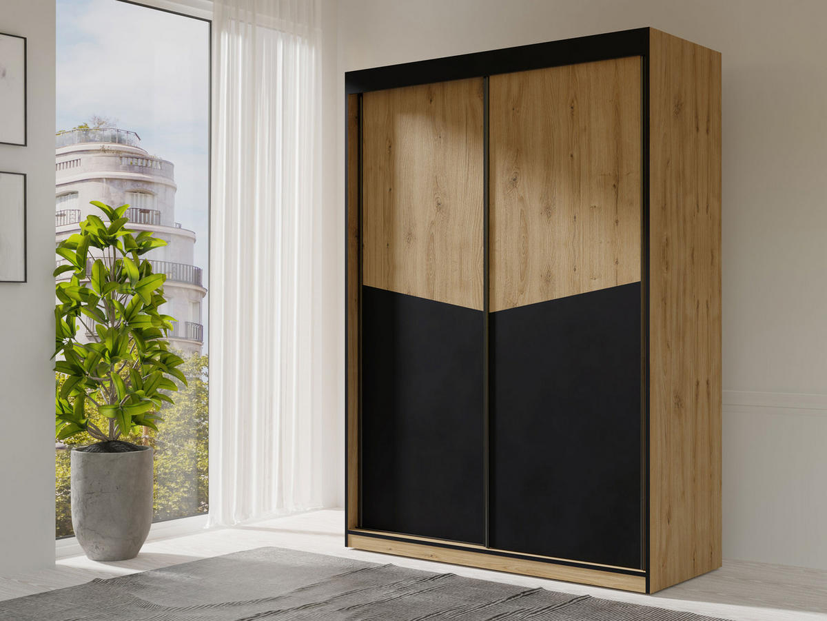 SCHIEBETÜRENSCHRANK Aston 02 - Eichefarben/Schwarz, Holzwerkstoff (150/215/65cm) - MIRJAN24