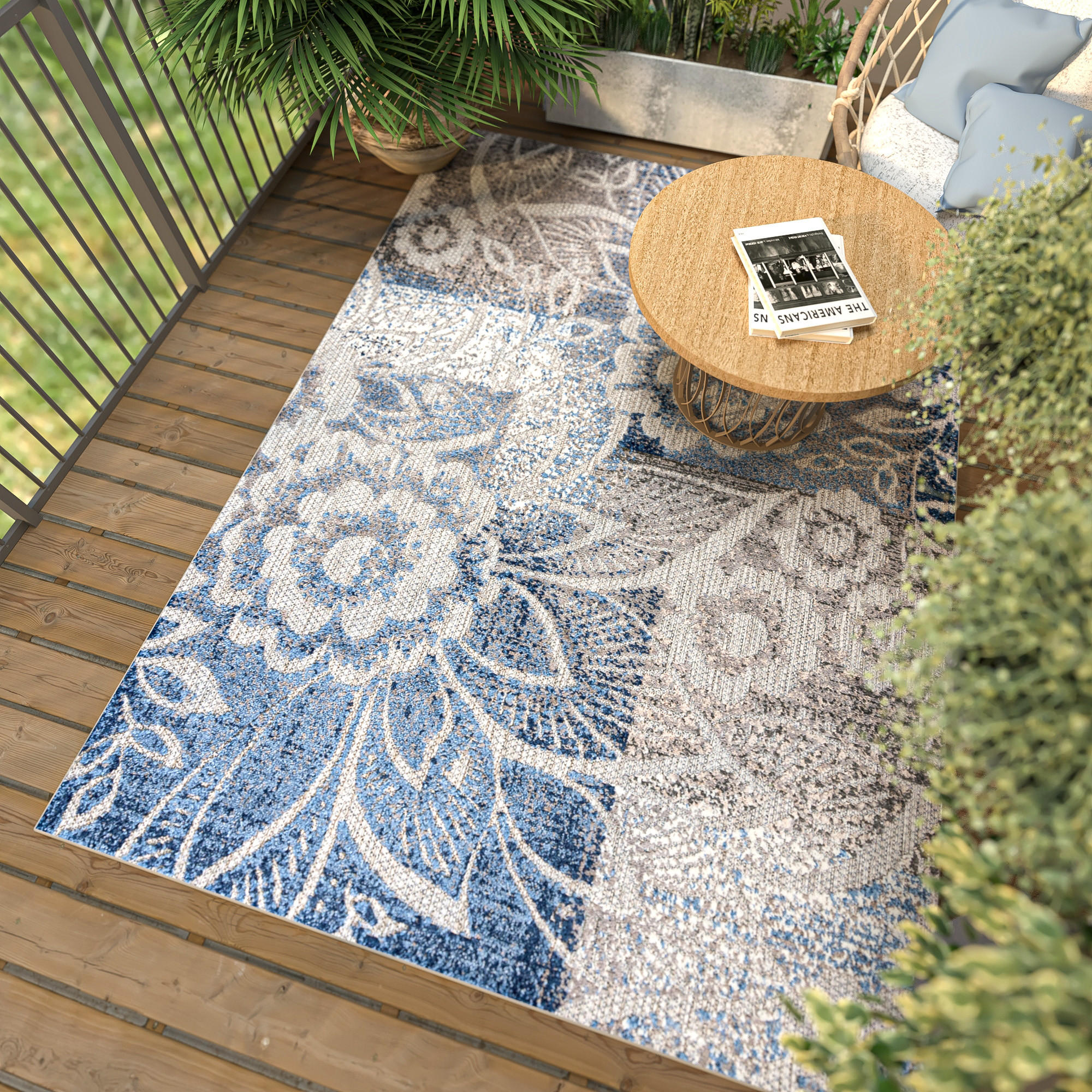 TEPPICH In-Outdoor Blau Pflanzlich Blumen - Kurzflor Rechteckig Grau - 120 x 170 cm - Blau, Textil (120/170cm) - Mazovia
