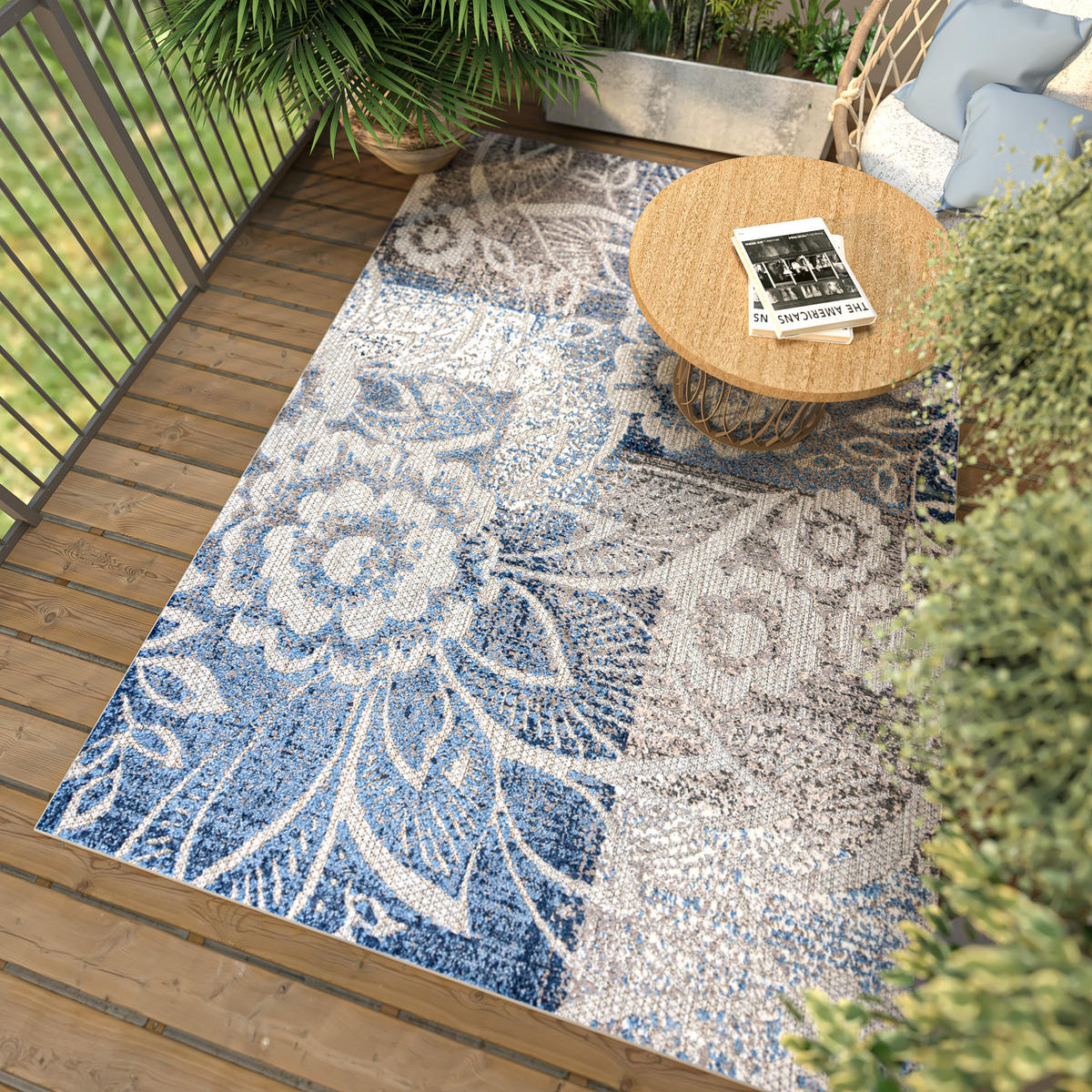 TEPPICH In-Outdoor Blau Pflanzlich Blumen - Kurzflor Rechteckig Grau - 140 x 200 cm - Blau, Textil (140/200cm) - Mazovia