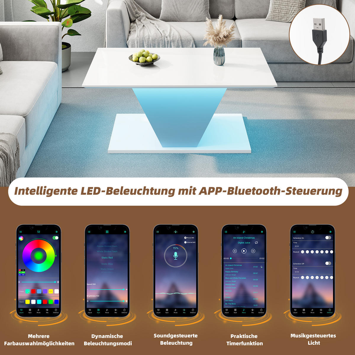 COUCHTISCH Weiß Hochglanz mit LED & V-Form Design - Weiß, Holzwerkstoff (50/100/46cm) - Urban Meuble