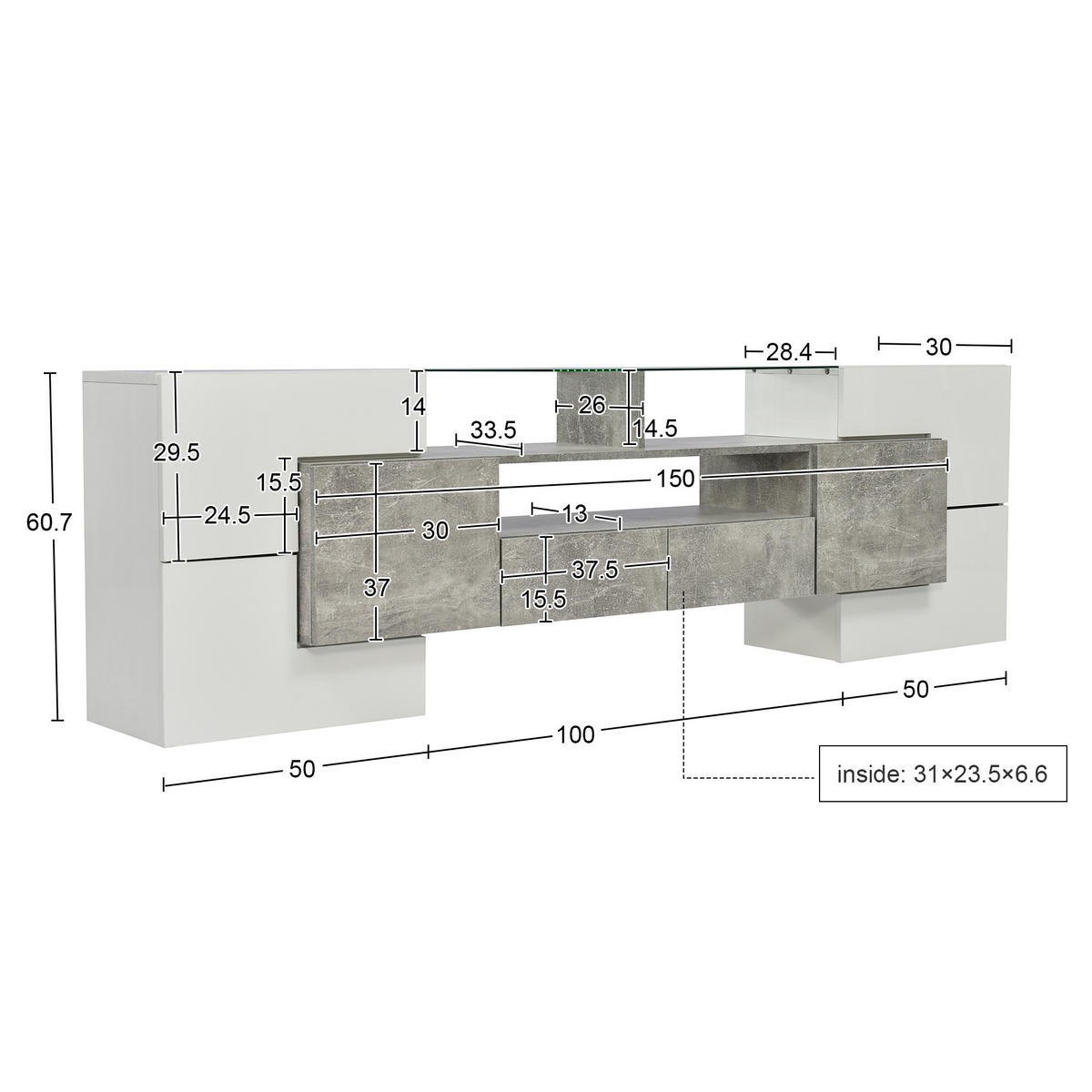 TV-MÖBEL Weiß und Grau 200/30/60,7 cm - Grau, Holzwerkstoff (30/60.7/200cm) - Urban Meuble