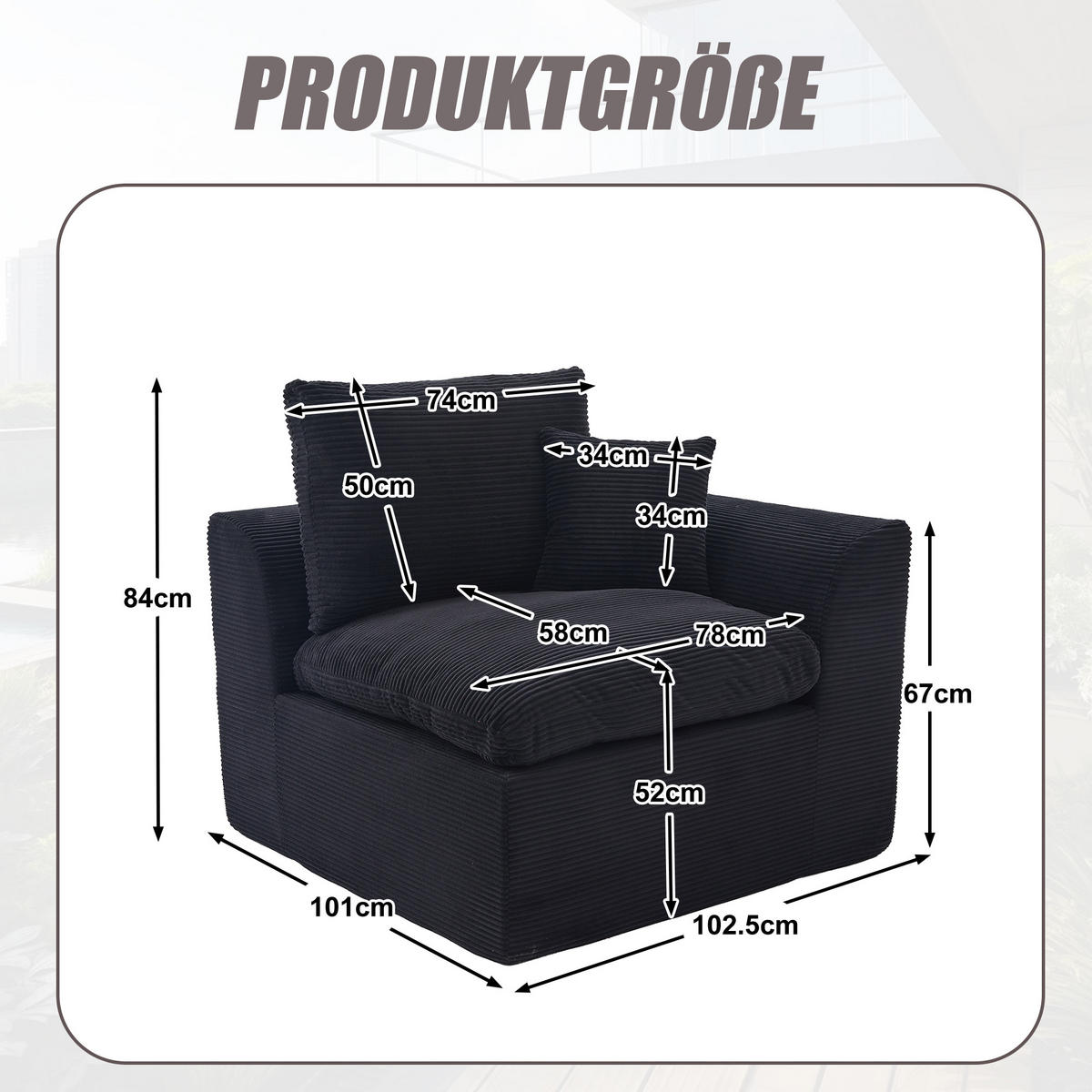 SESSEL Cord-Sofa mit Federkern-Polsterung und Kissen, Montagefrei - Schwarz, Textil (101/84/102cm) - Urban Meuble