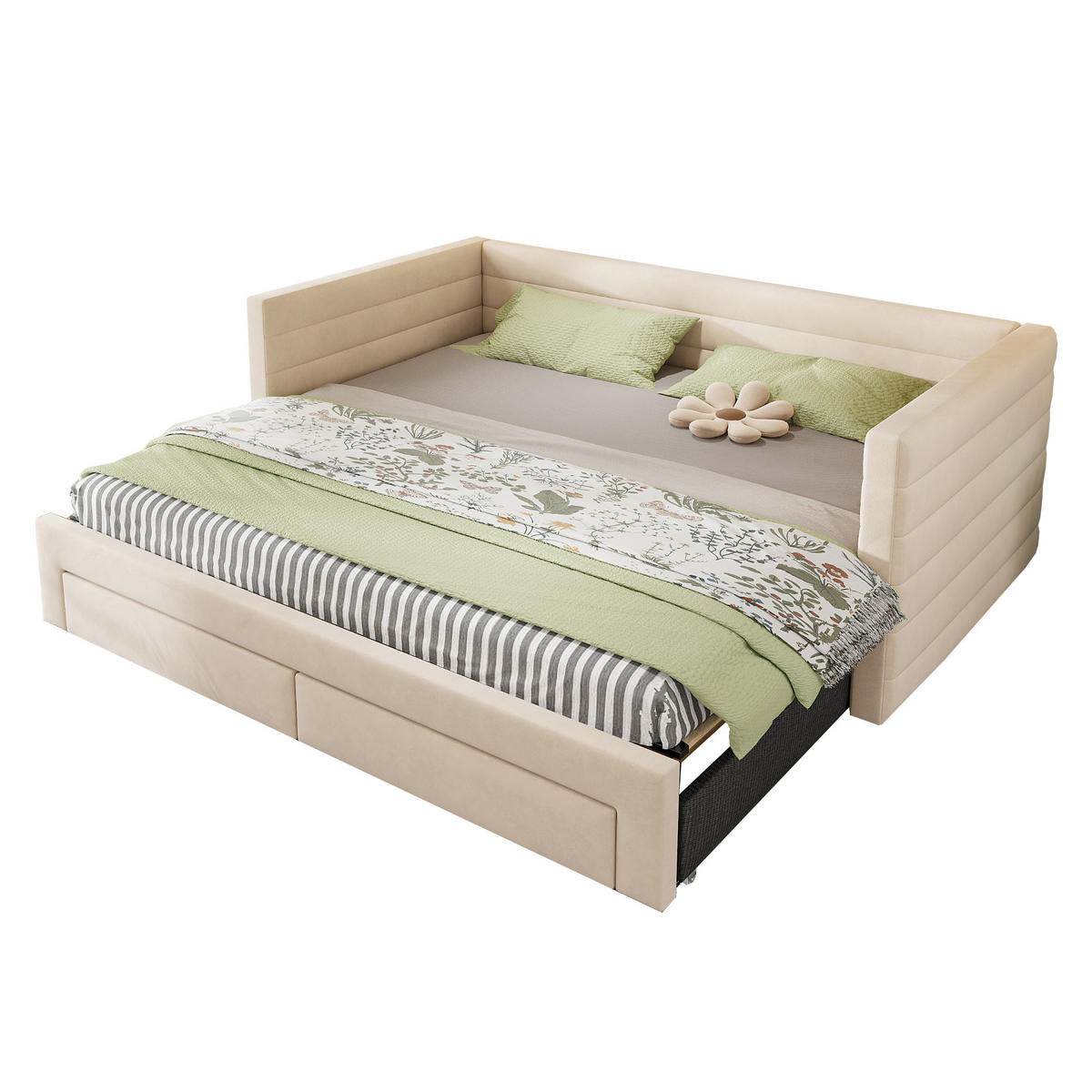 POLSTERBETT 90/190 cm Beige Ausziehbett mit Stauraum und Lattenrost - Beige, Textil (90/190cm) - OKWISH