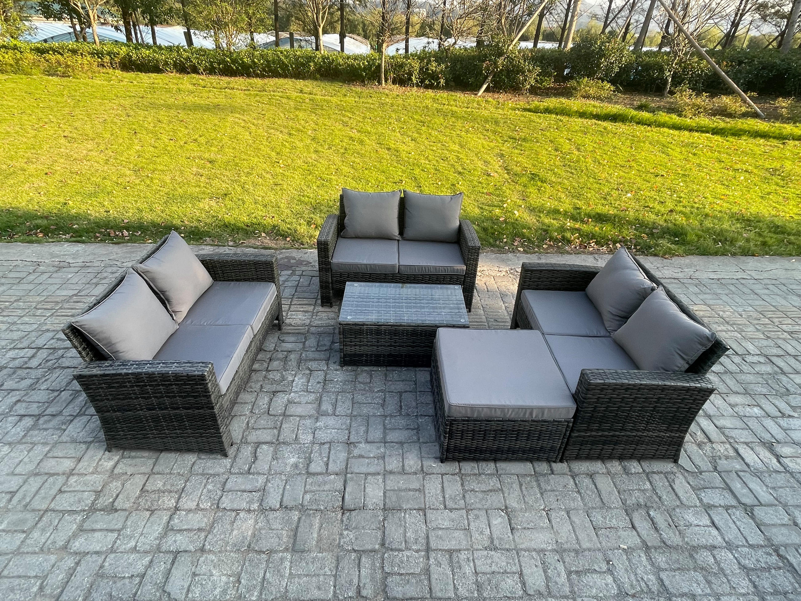 GARTENSOFA Hohe Rückenlehne Polyrattan Dunkelgrau 7-Sitzer - Dunkelgrau, Metall - Fimous