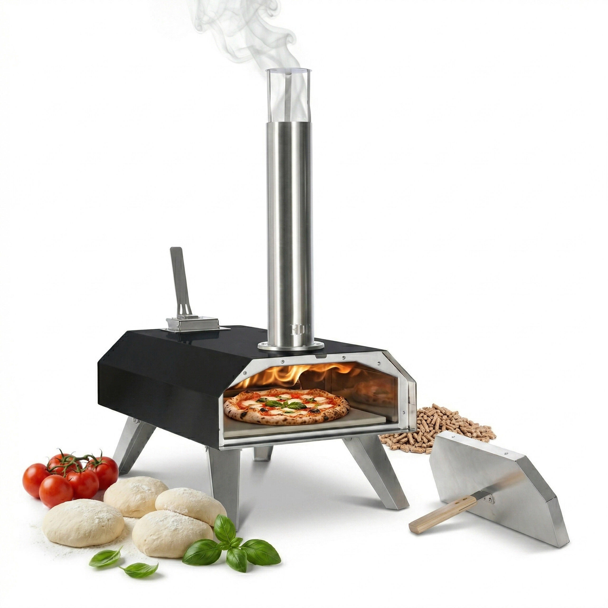Relaxdays PEC Černá Stříbrná Přírodní na pizzu na pelety s pizzovým kamenem
