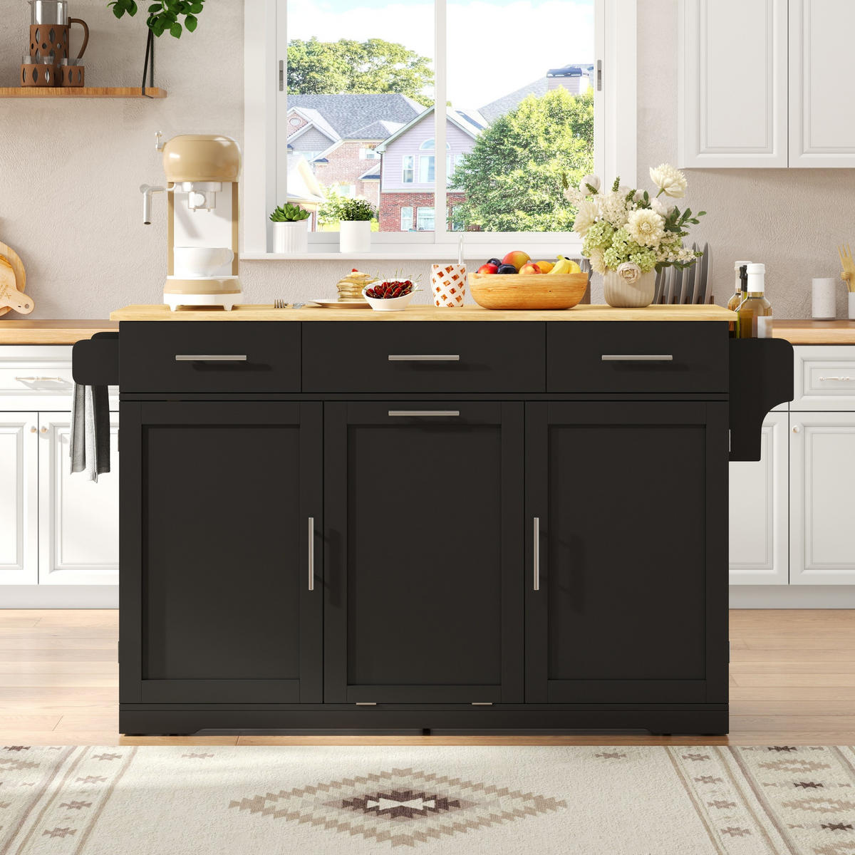 KÜCHENINSEL DE-41372 136/50-75/92 cm, klappbare Arbeitsplatte und Mülleimerschrank Schwarz - Schwarz, Holzwerkstoff (136/92/75cm) - ComfortXL