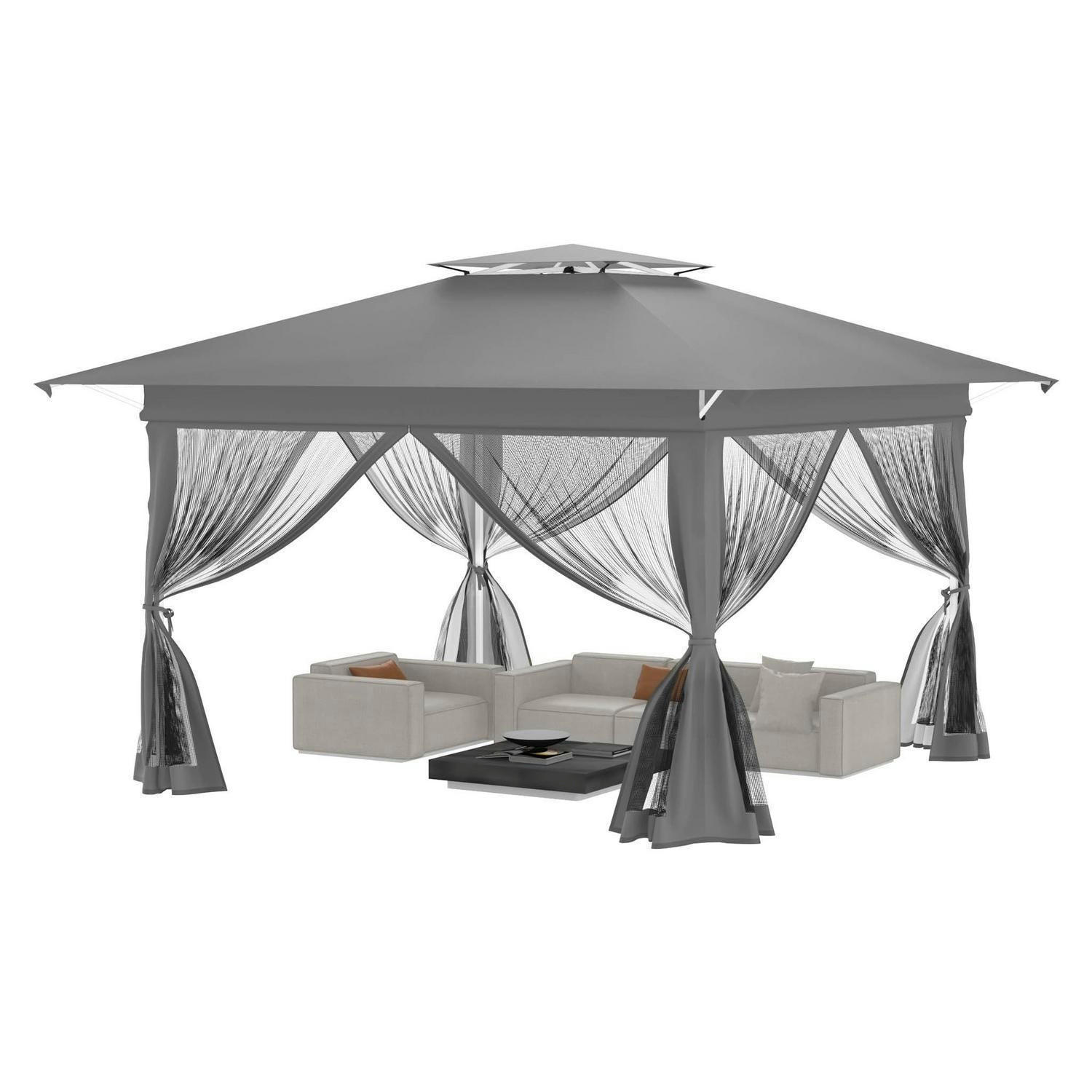GARTENPAVILLON 4x4 Pop up Stabil Winterfest mit Doppeldach und Moskitonetz Silbergrau - Grau, Metall (400/225/400cm)