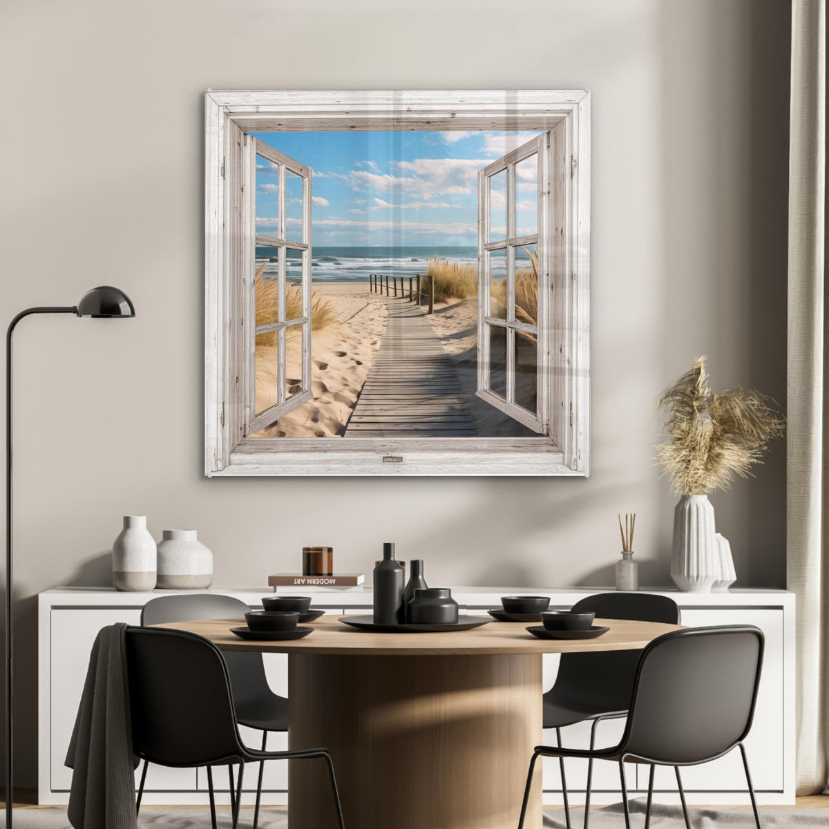 ACRYLGLASBILD Fenster - Meer - Küste - Natur - Ausblick - Strand - Wattenmeer 90x90 cm - Beige, Glas (90/90cm) - MuchoWow