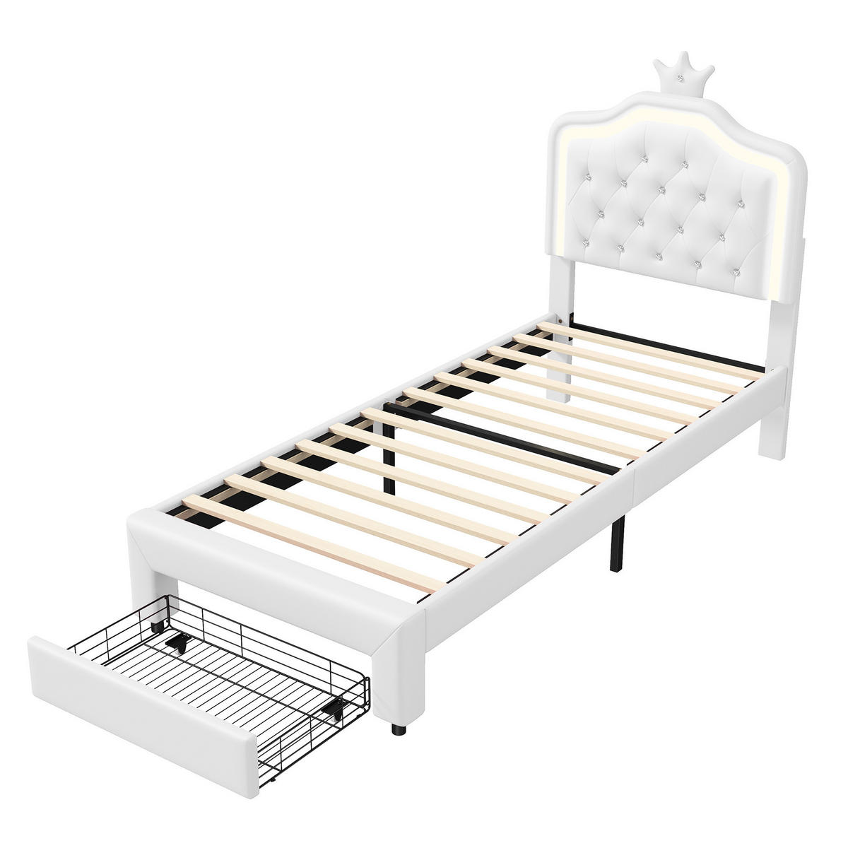POLSTERBETT Kronen mit Kristallsteinen & RGB-LED 90/200 cm PU-Leder Weiß - Weiß, Textil (90/200cm) - Creahappy