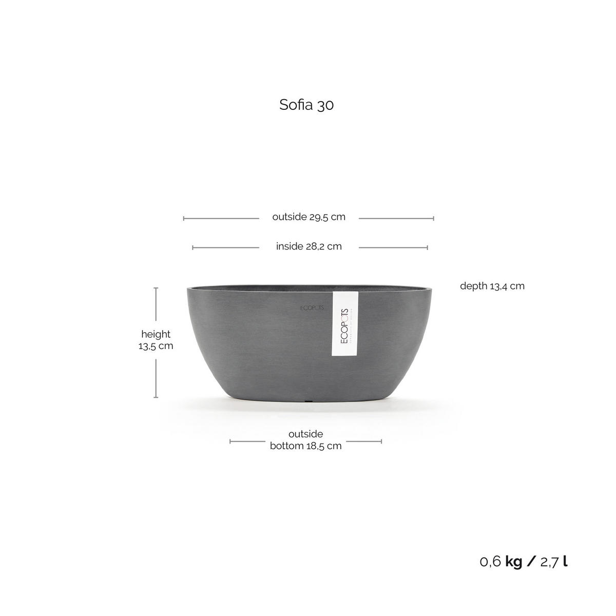 BLUMENTOPF Sofia 29,5/13,5 cm Grau - Grau, Kunststoff (29.5/13.5cm) - Ecopots
