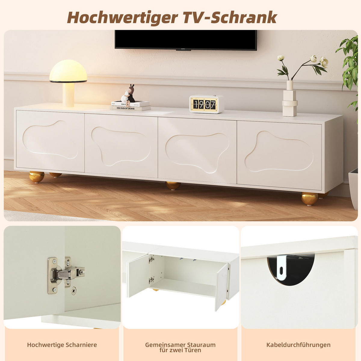 TV-SCHRANK 180x40cm Lowboard Cartoon Wolkenform 2 Schränke Weiß bis 75 Zoll - Weiß, Holz (47.98/17.48/76.1cm) - FLIEKS