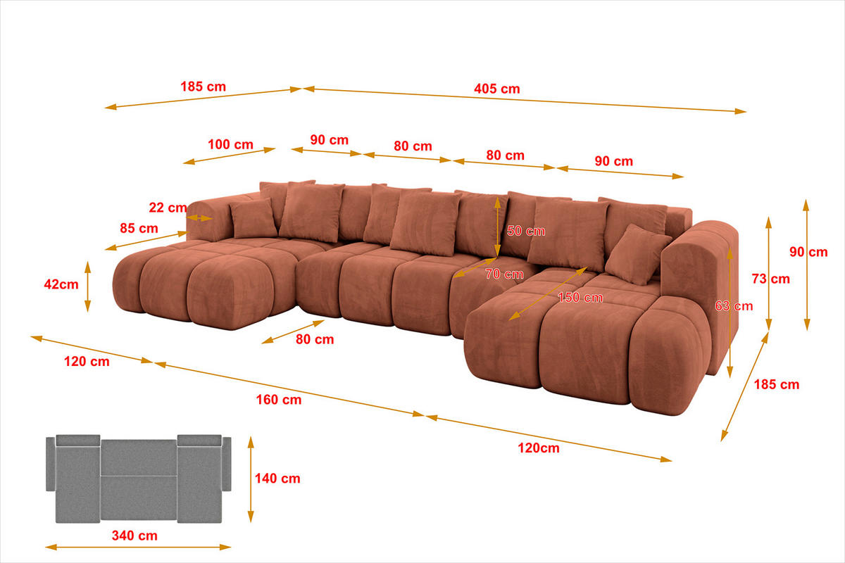 WOHNLANDSCHAFT CLOUD-U-v1 405x185x90 Apricot Velours - Koralle, Holzwerkstoff/Kunststoff (405/90/185cm) - ALTDECOR