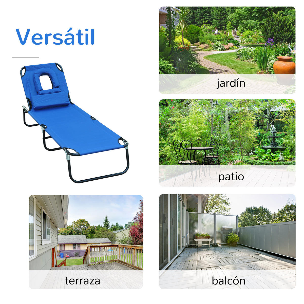 GARTENSONNENLIEGE, Einheitsmodell, Azul, 4-fach verstellbare Lehne mit Kissen, 190 x 56 x 28 cm - Blau, Metall (190/28/56cm) - Vallsero