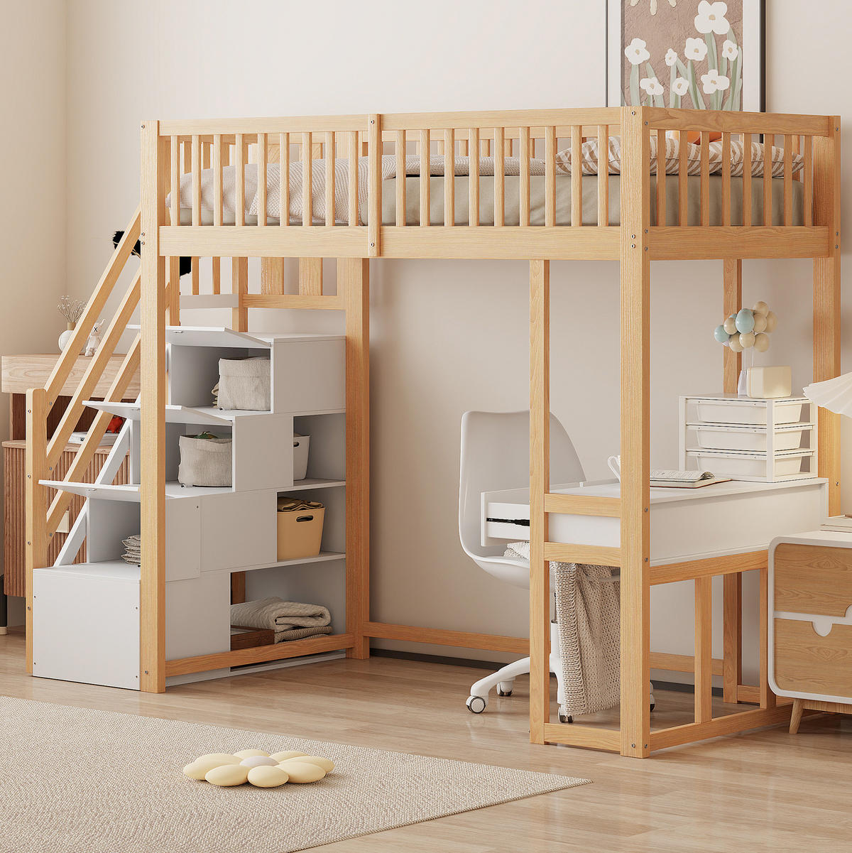 HOCHBETT 90/200 cm aus Kiefer, Sperrholz und MDF mit Tisch und Aufbewahrungstreppe Weiß/Lichteiche - Eichefarben, Holz (90/200cm) - Modenvie
