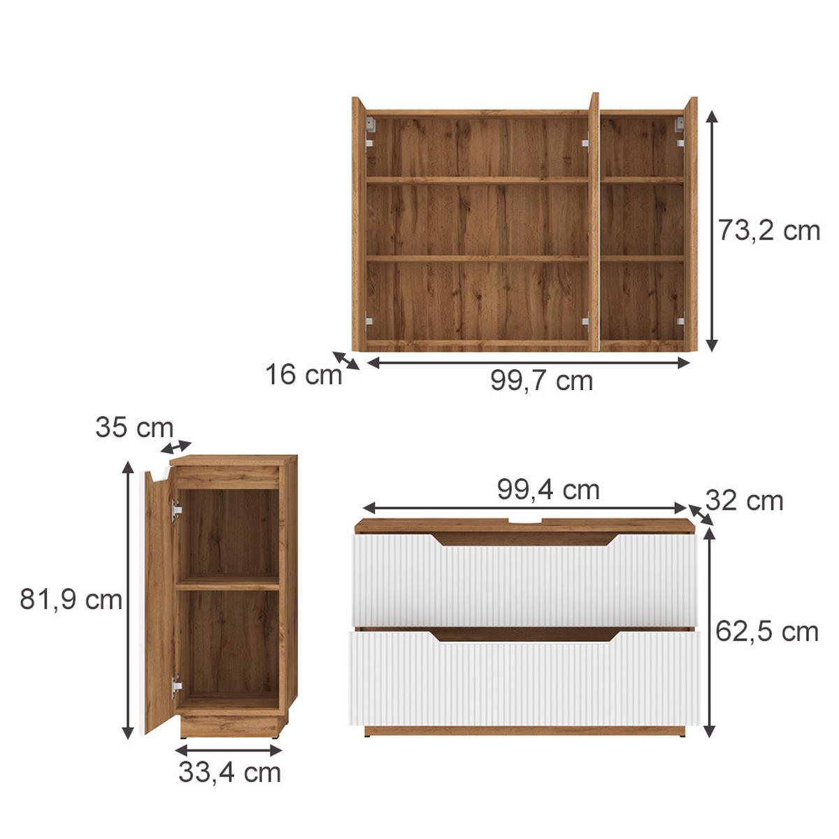 BADMÖBEL-SET Lotta Eiche/weiß gestreift 3 Teile - Eichefarben/Weiß, Holzwerkstoff (99.4/62.5/32cm) - Vicco
