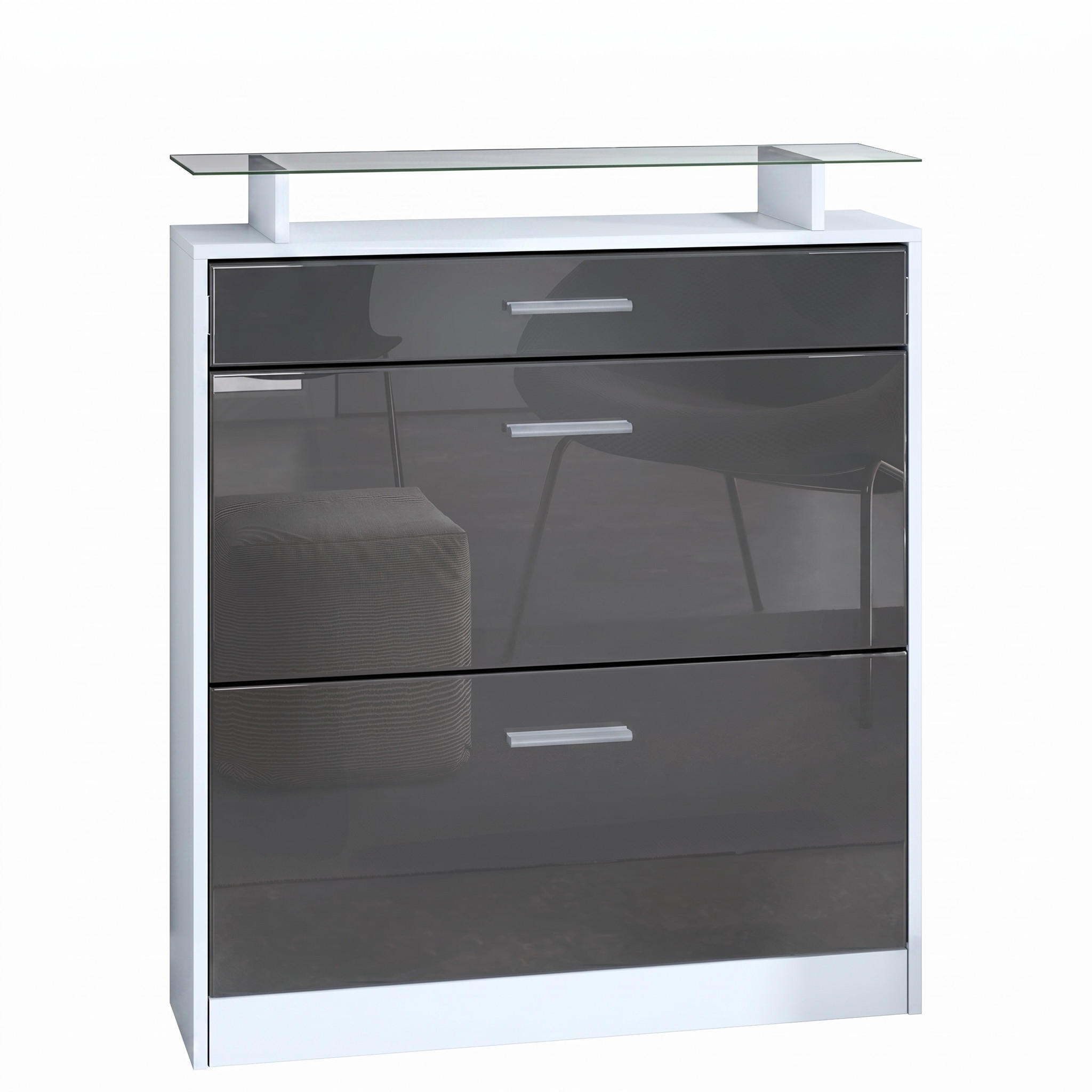 SCHUHSCHRANK Loret Front in Grau Hochglanz - Grau, Holzwerkstoff (89/104/23cm) - Vladon